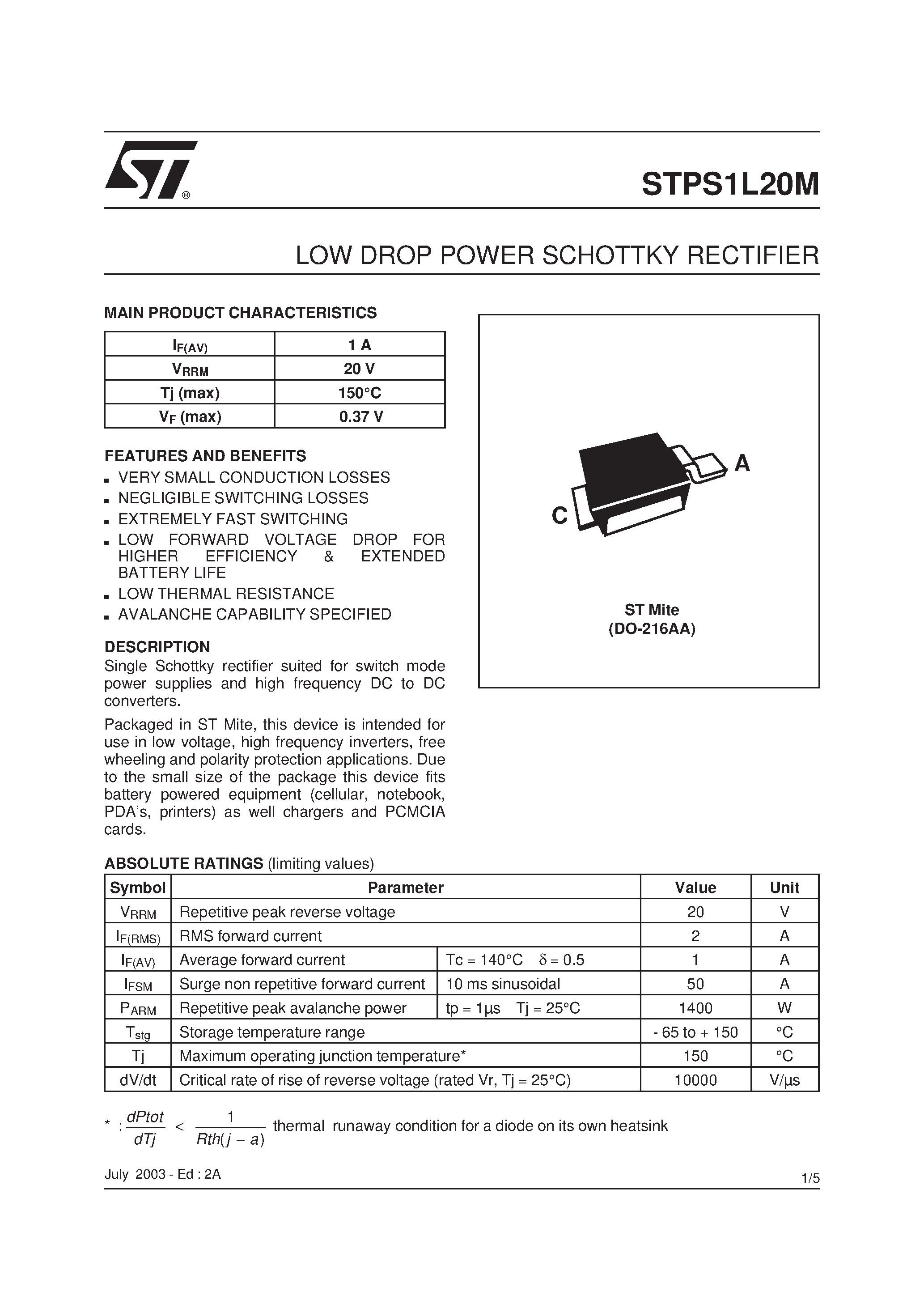 Datasheet STPS1L20M - LOW DROP POWER SCHOTTKY RECTIFIER page 1