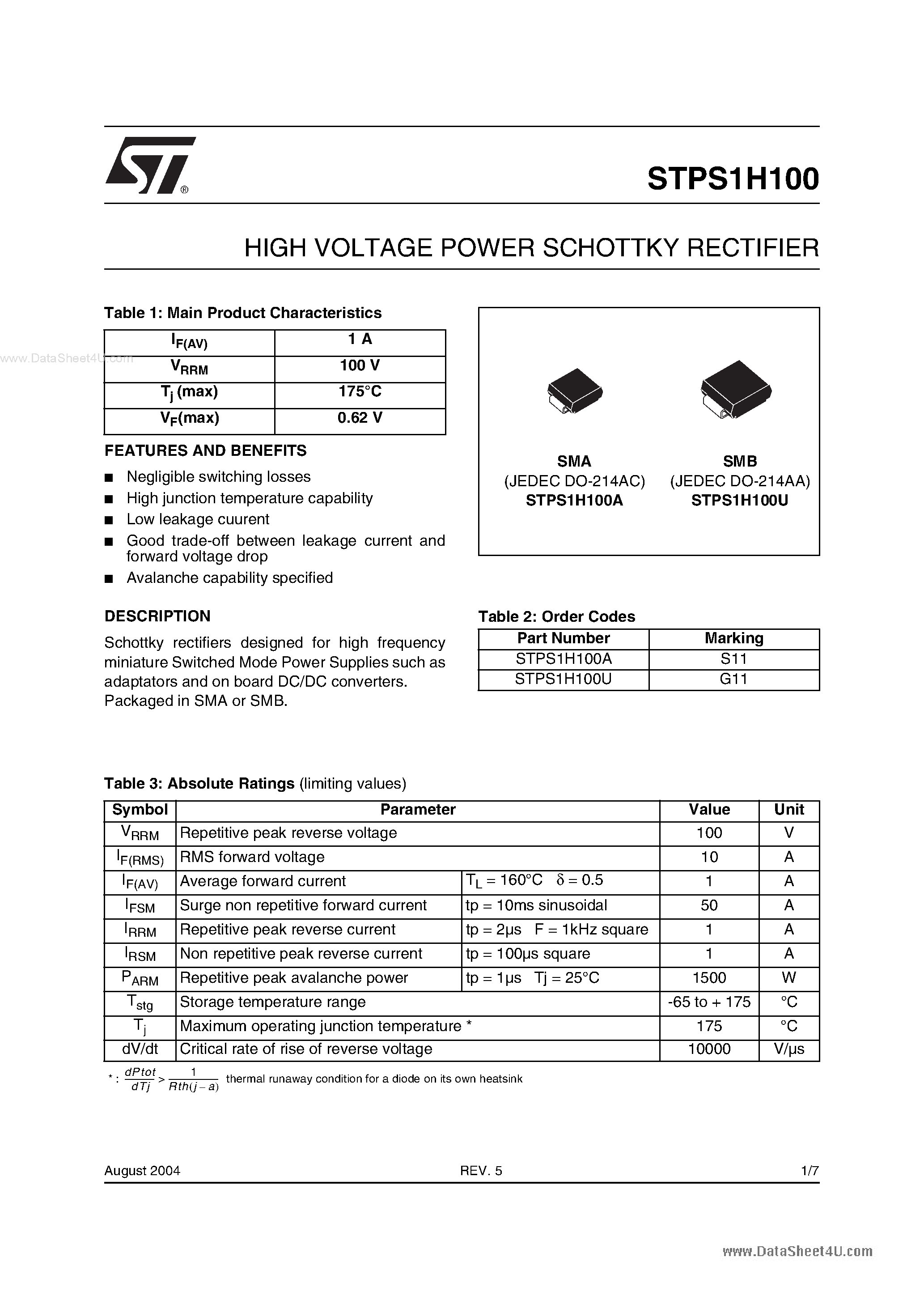 Datasheet STPS1H100 - HIGH VOLTAGE POWER SCHOTTKY RECTIFIER page 1
