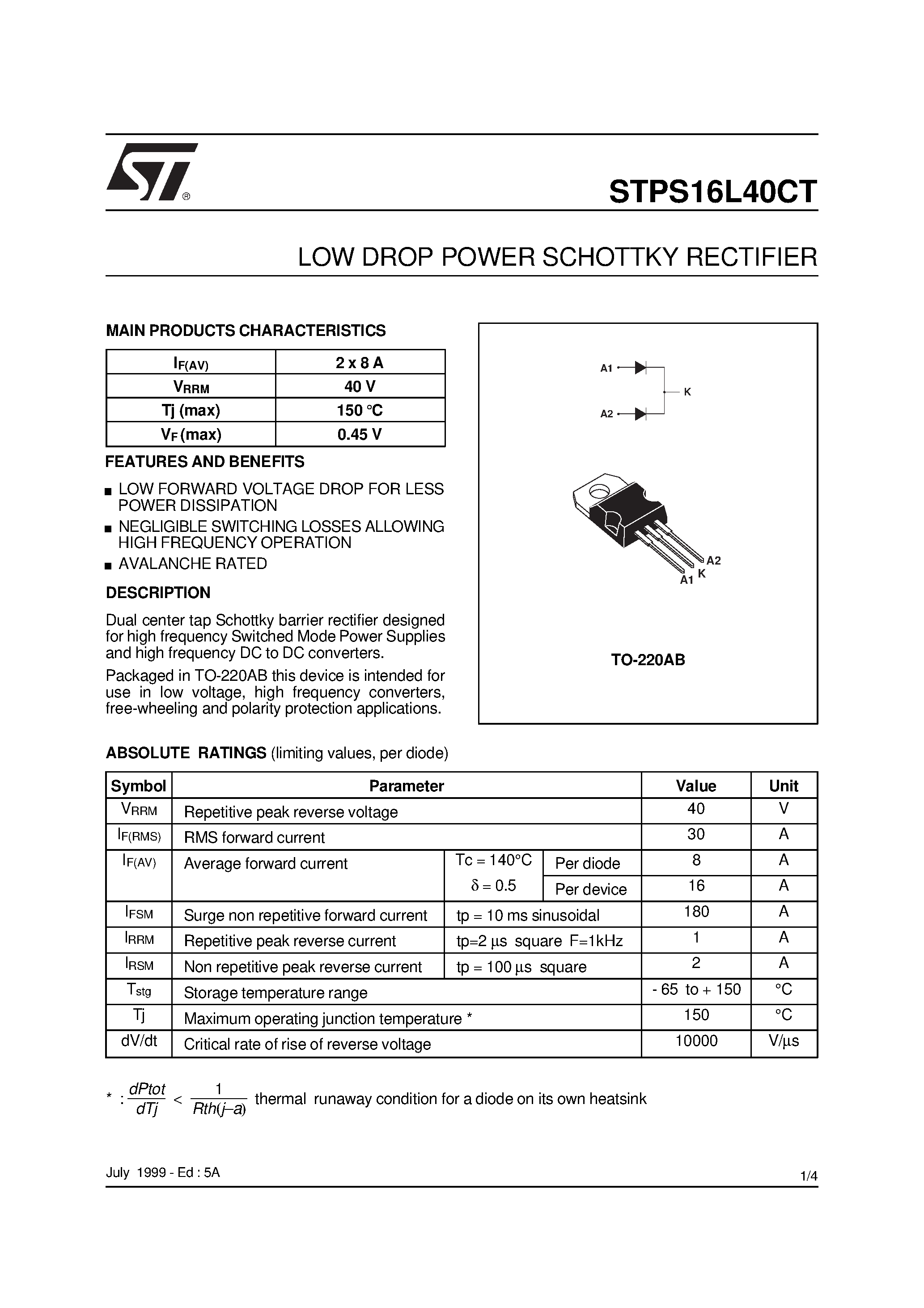 Datasheet STPS16L40 - LOW DROP POWER SCHOTTKY RECTIFIER page 1