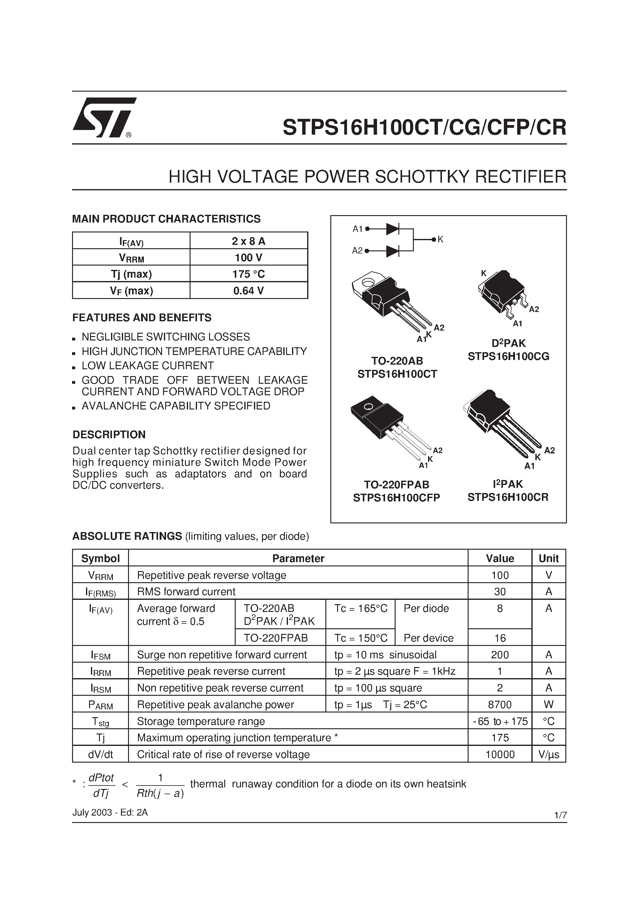 Datasheet STPS16H100C - HIGH VOLTAGE POWER SCHOTTKY RECTIFIER page 1