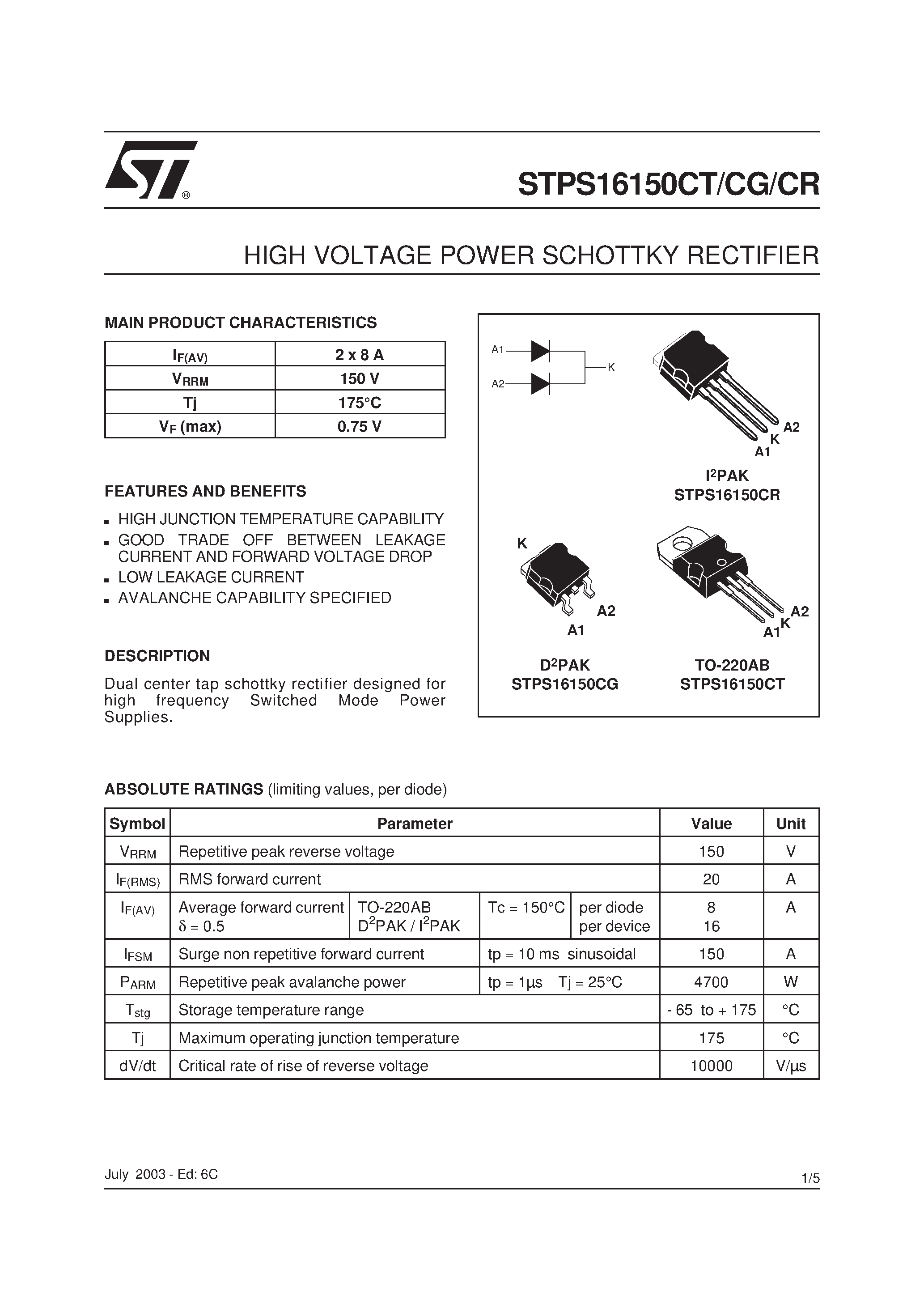 Datasheet STPS16150C - HIGH VOLTAGE POWER SCHOTTKY RECTIFIER page 1