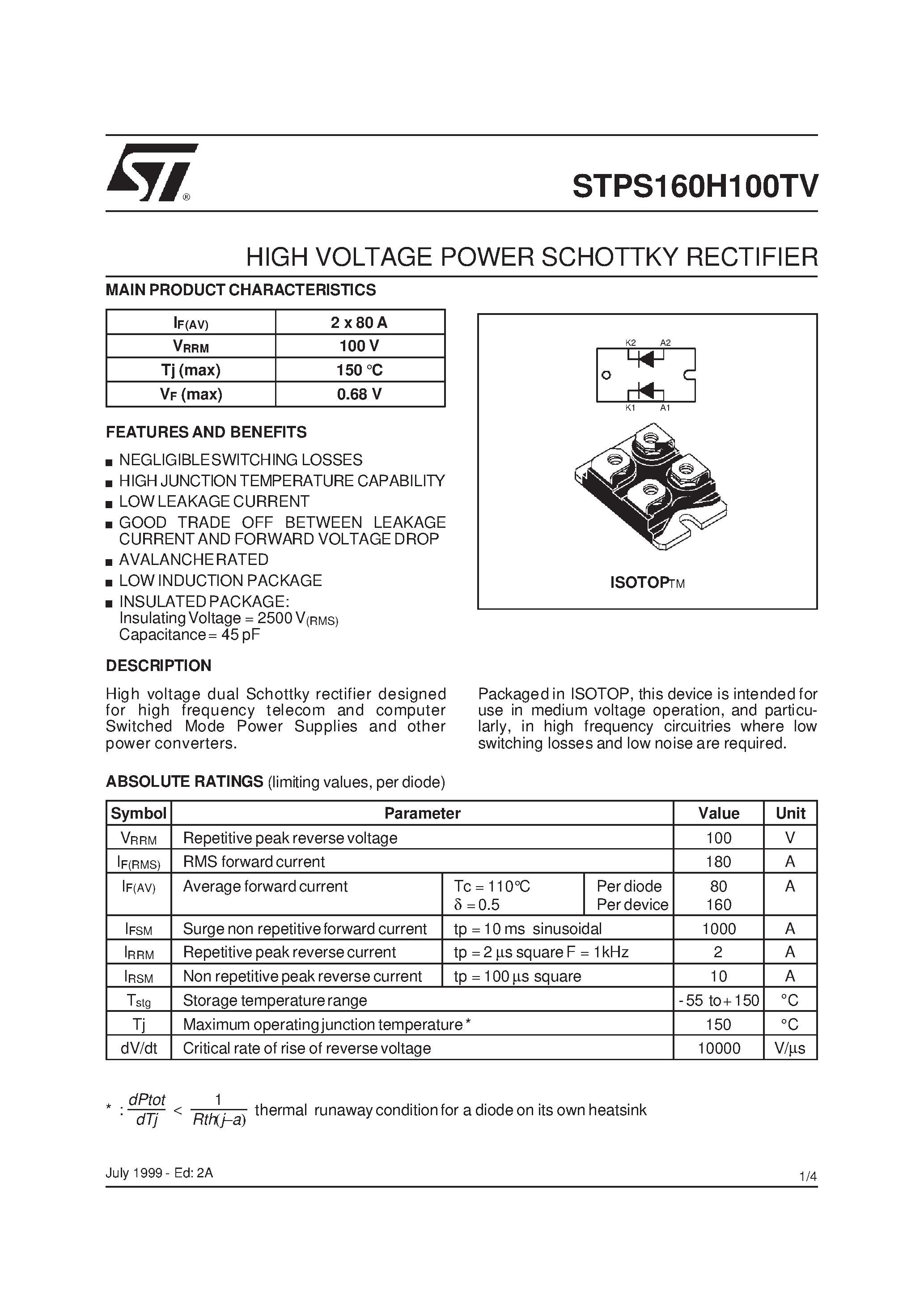 Datasheet STPS160H100TV - HIGH VOLTAGE POWER SCHOTTKY RECTIFIER page 1