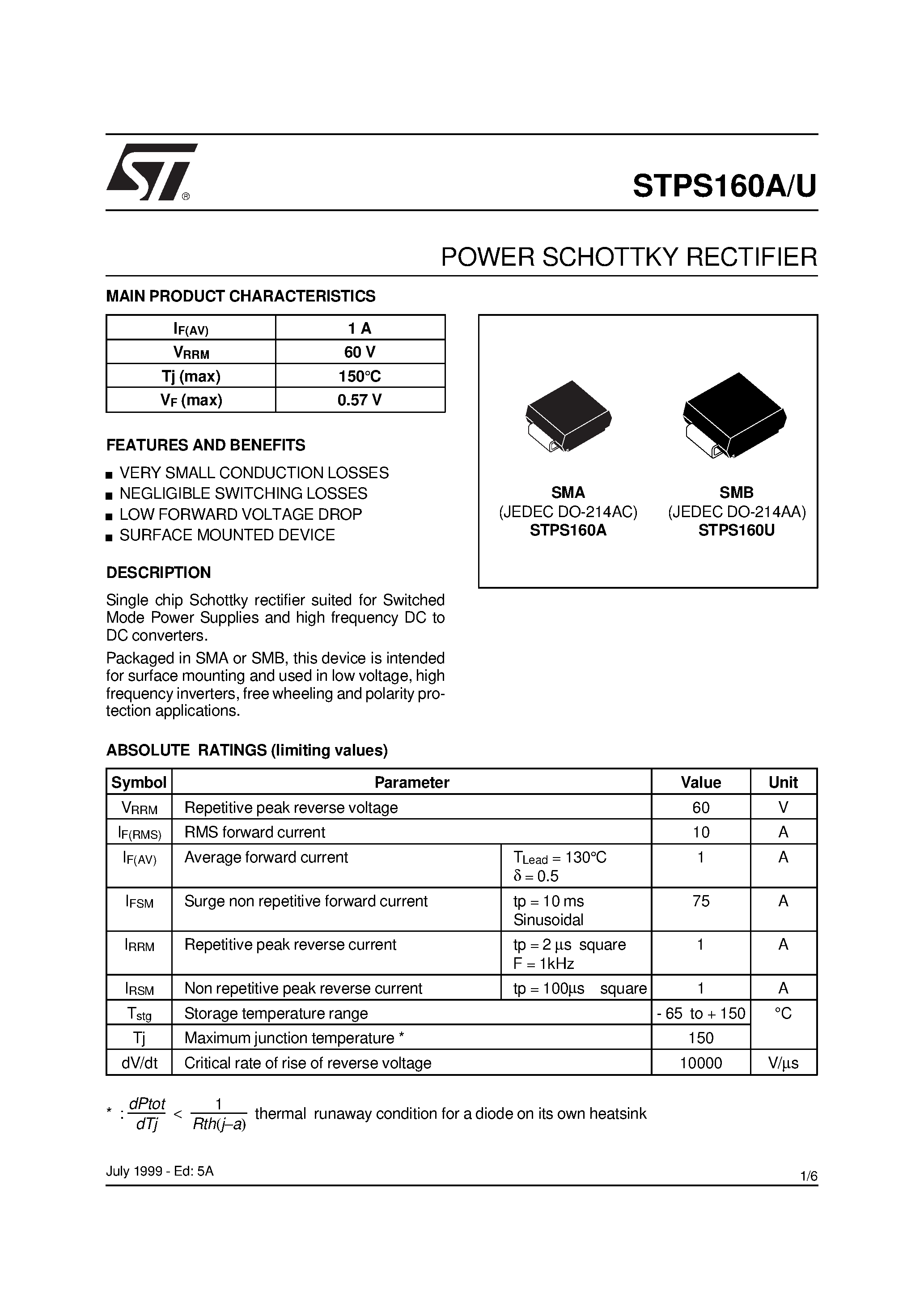 Datasheet STPS160 - POWER SCHOTTKY RECTIFIER page 1