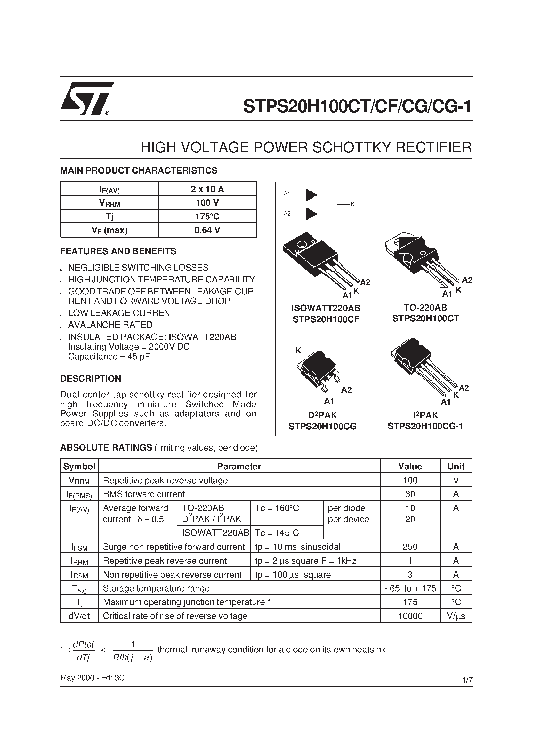 Datasheet STPS20H100 - HIGH VOLTAGE POWER SCHOTTKY RECTIFIER page 1