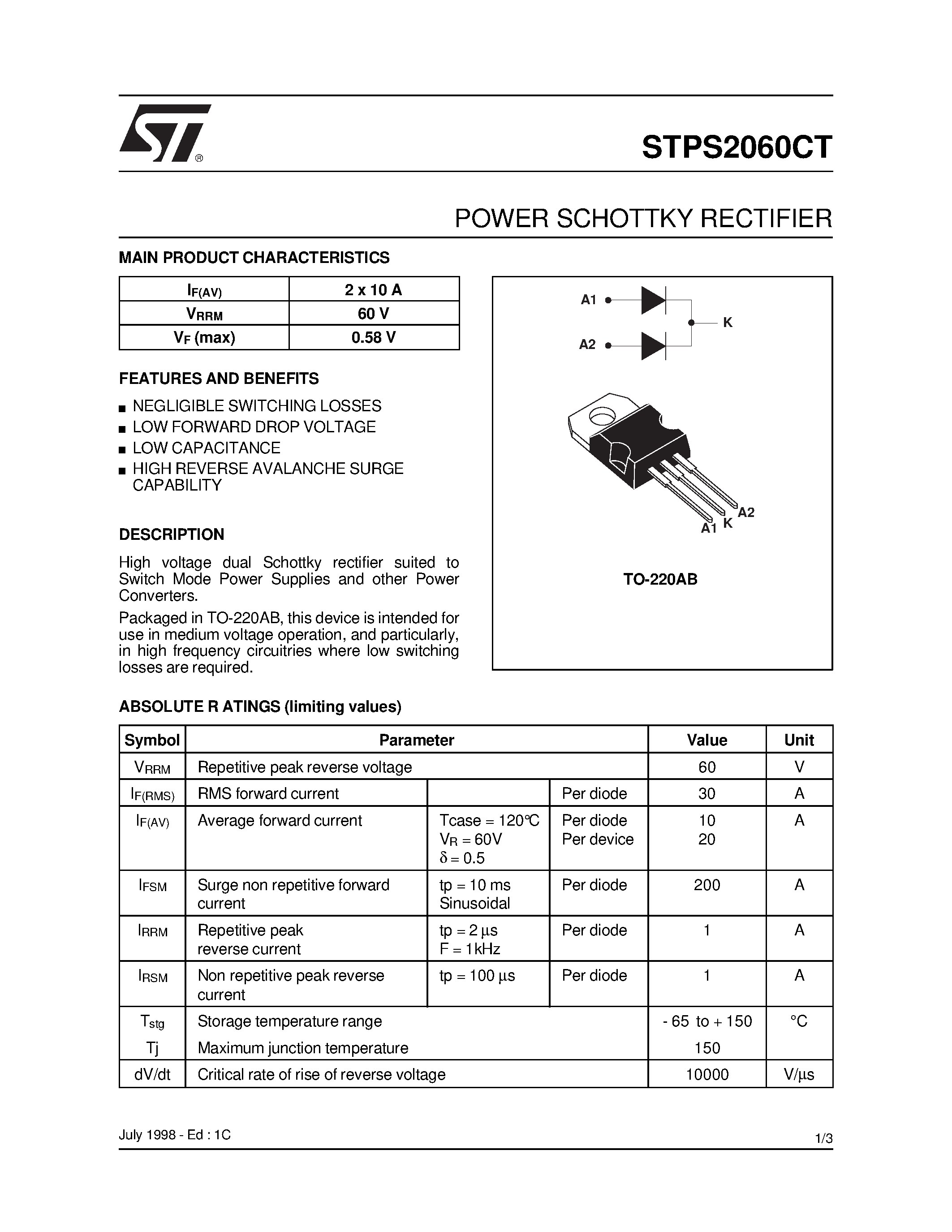 Datasheet STPS2060CT - POWER SCHOTTKY RECTIFIER page 1