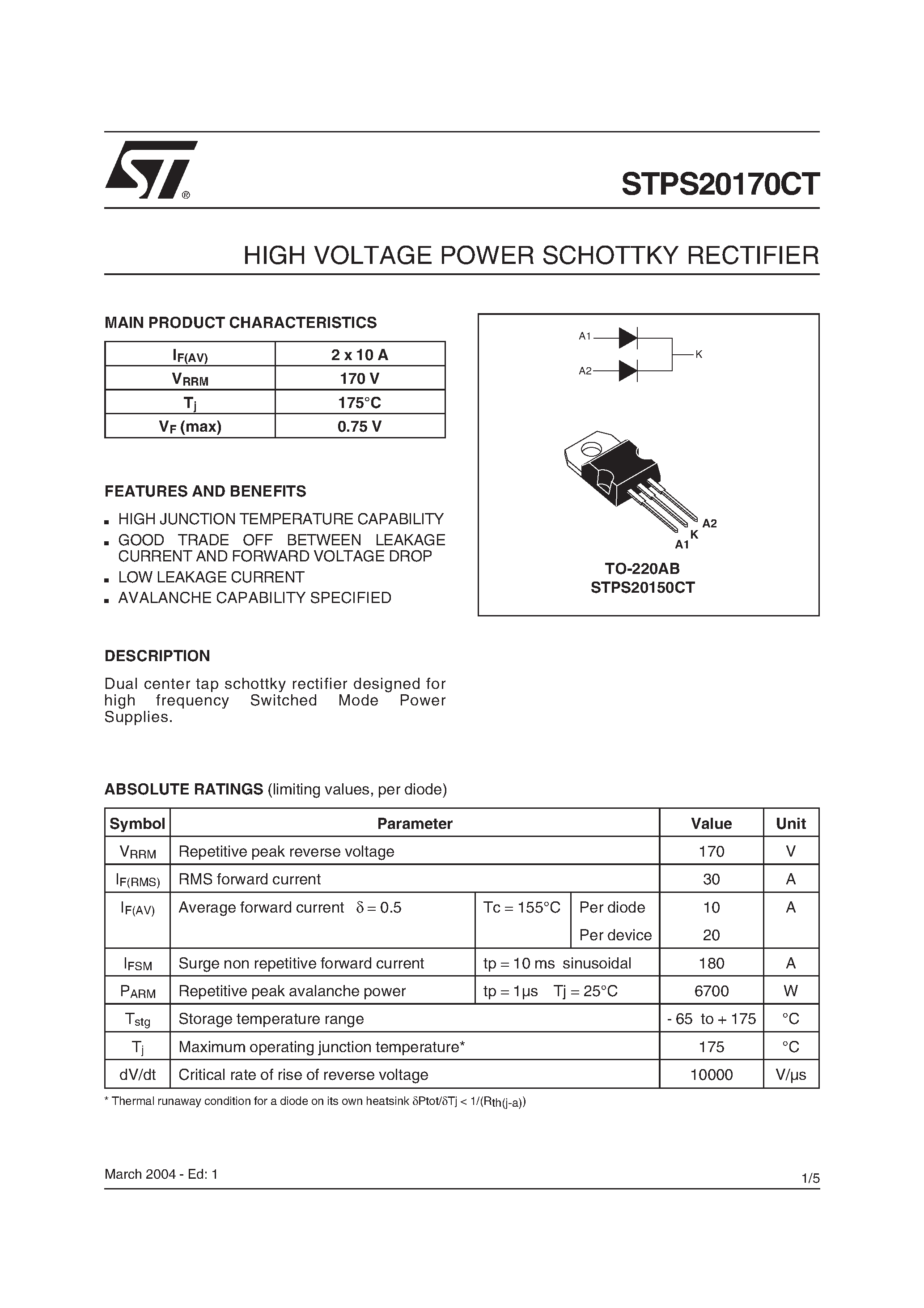 Datasheet STPS20170CT - HIGH VOLTAGE POWER SCHOTTKY RECTIFIER page 1