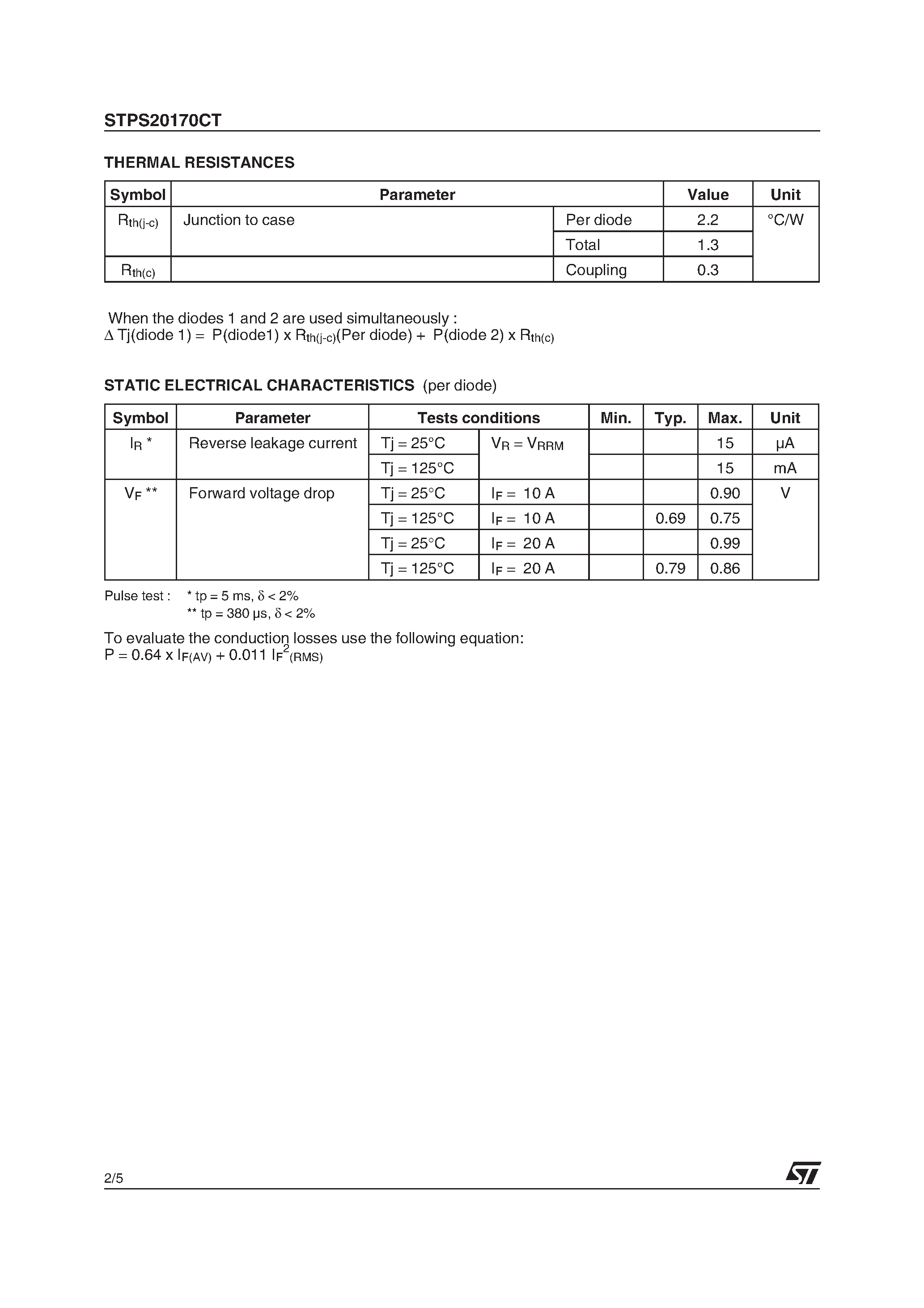 Datasheet STPS20170CT - HIGH VOLTAGE POWER SCHOTTKY RECTIFIER page 2