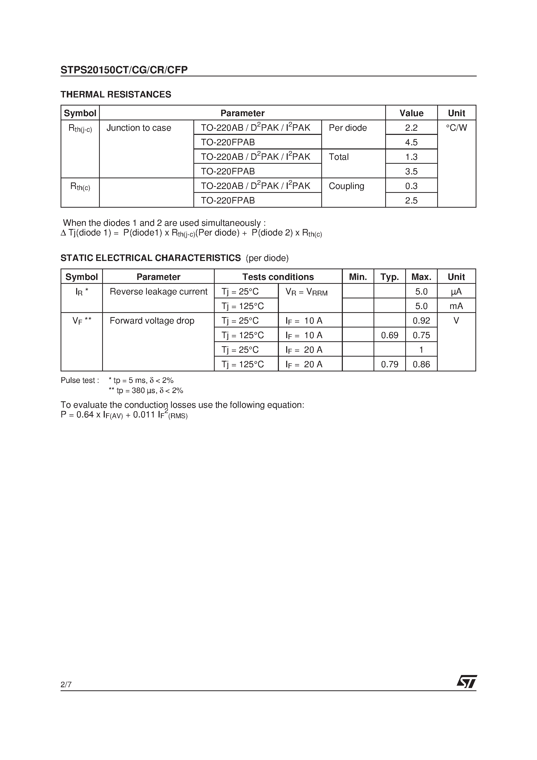 Datasheet STPS20150C - HIGH VOLTAGE POWER SCHOTTKY RECTIFIER page 2