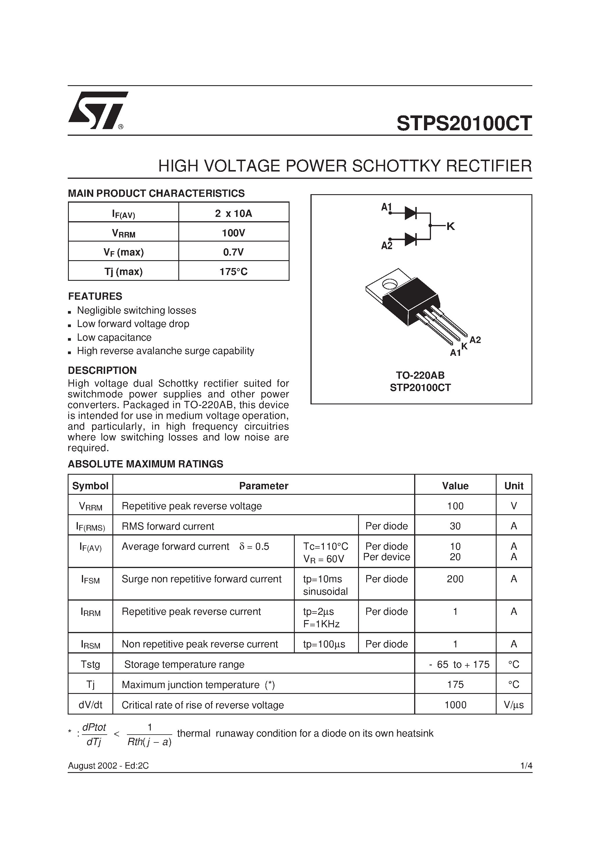Datasheet STPS20100CT - HIGH VOLTAGE POWER SCHOTTKY RECTIFIER page 1