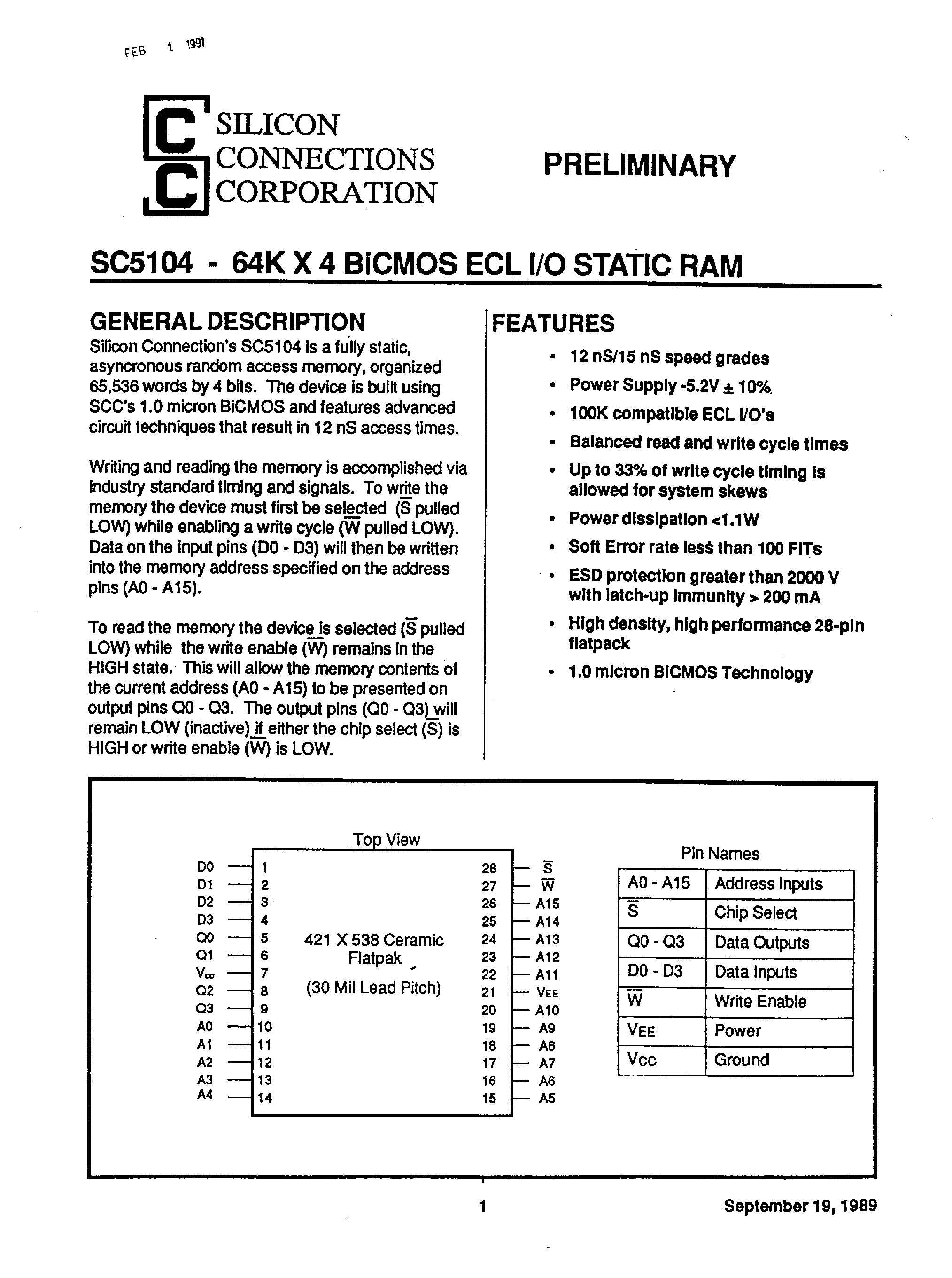 Даташит SC5104 - 64K x 4 BiCMOS ECL I/O Static RAM страница 1