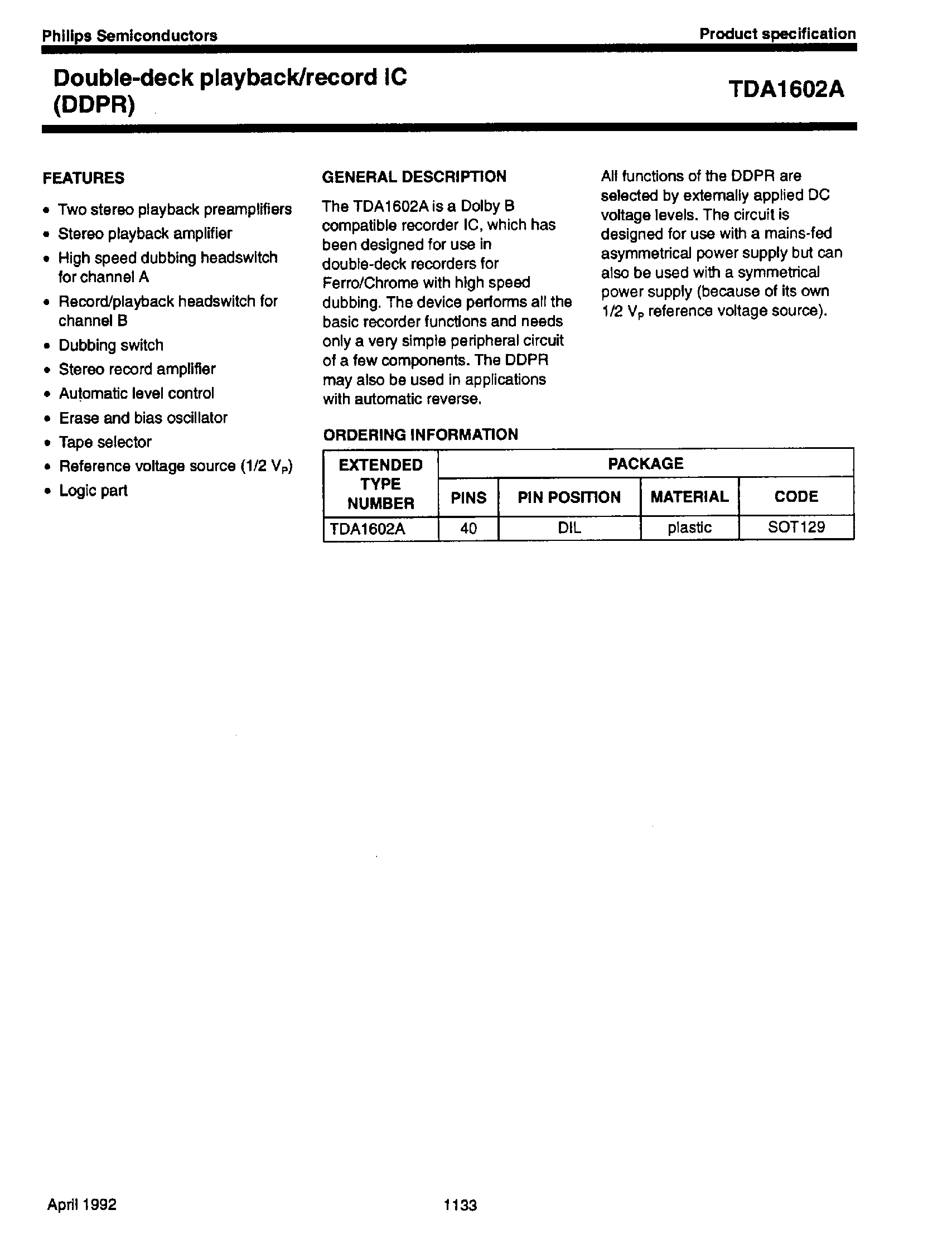 Datasheet TDA1602A page 1 Datasheet TDA1602A - Double Deck Playback / Record IC page 1