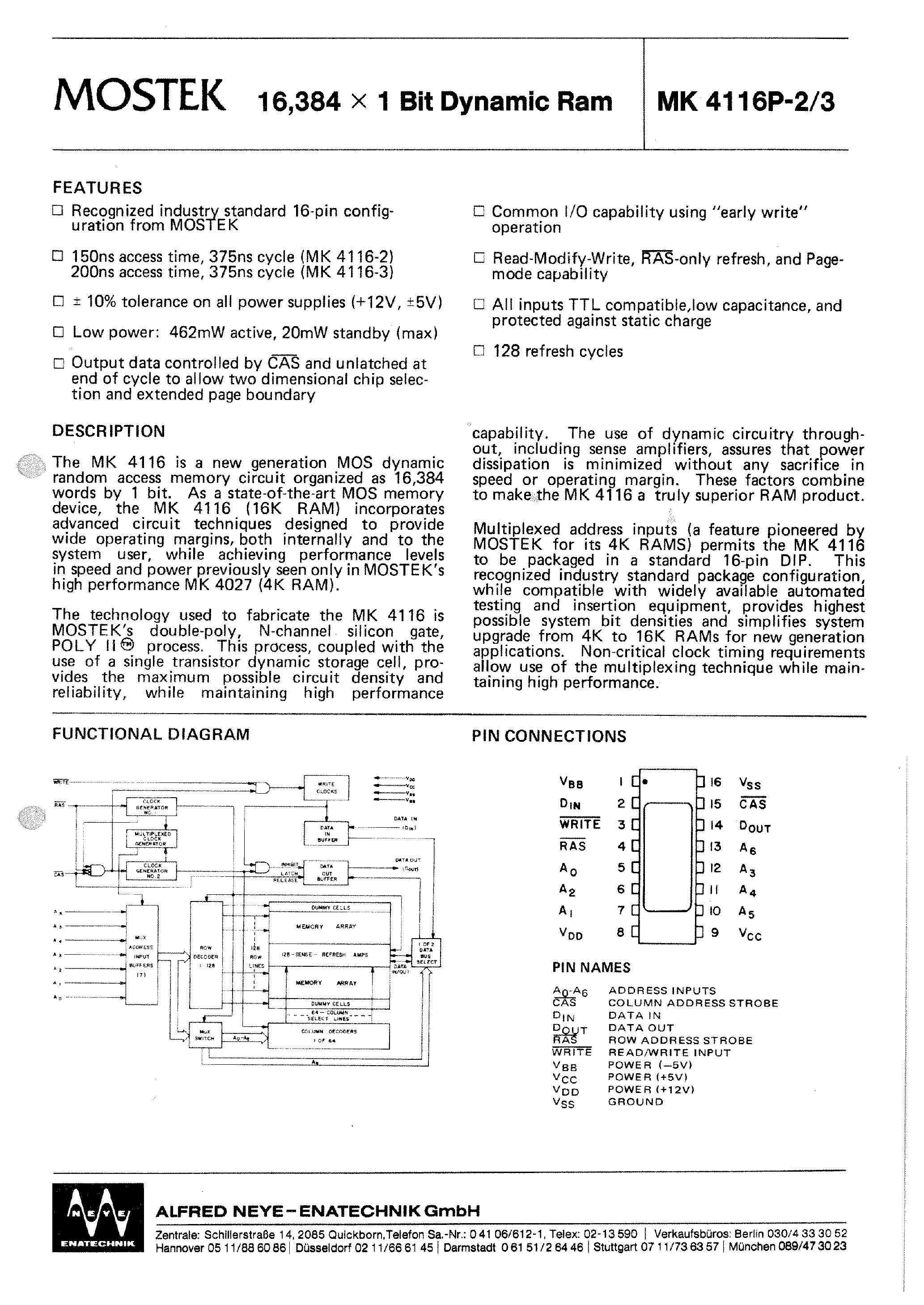 Datasheet MK4116P - 16384 X 1 BIT DYNAMIC RAM page 1