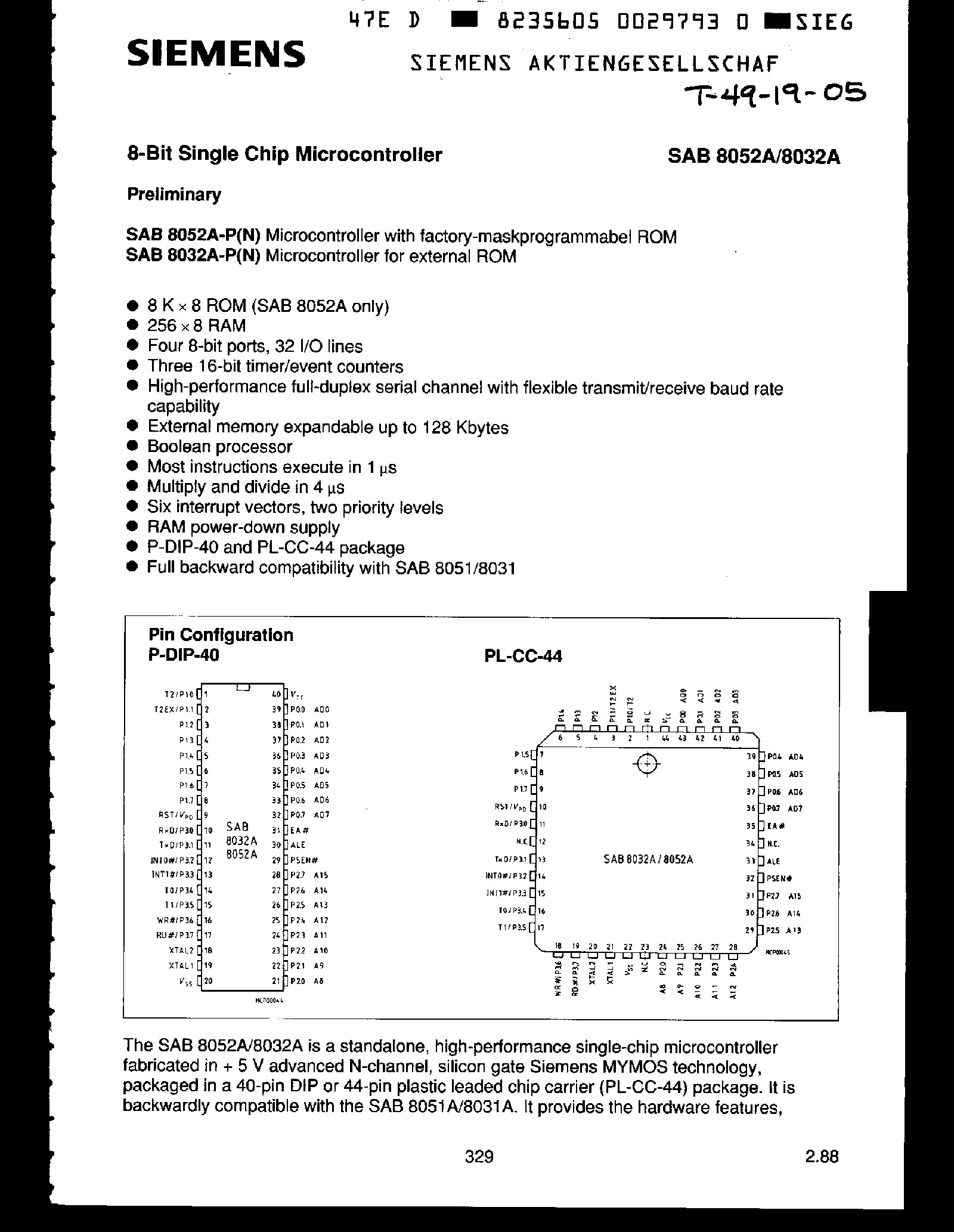 Даташит SAB8032A - 8 Bit Single-Chip Microcontroller страница 1