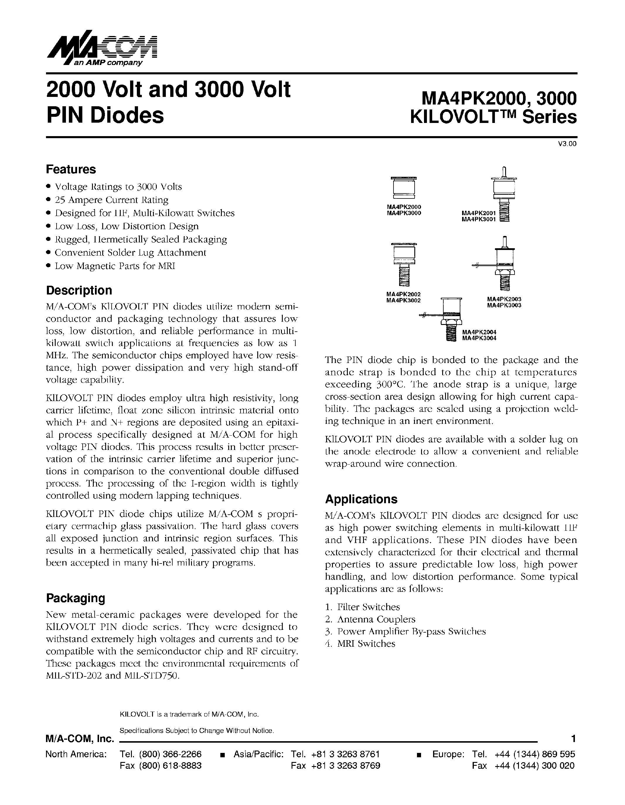 Даташит MA4PK3001 - (MA4PK3000 Series) 2000 Volt and 3000 Volt Pin Diodes страница 1