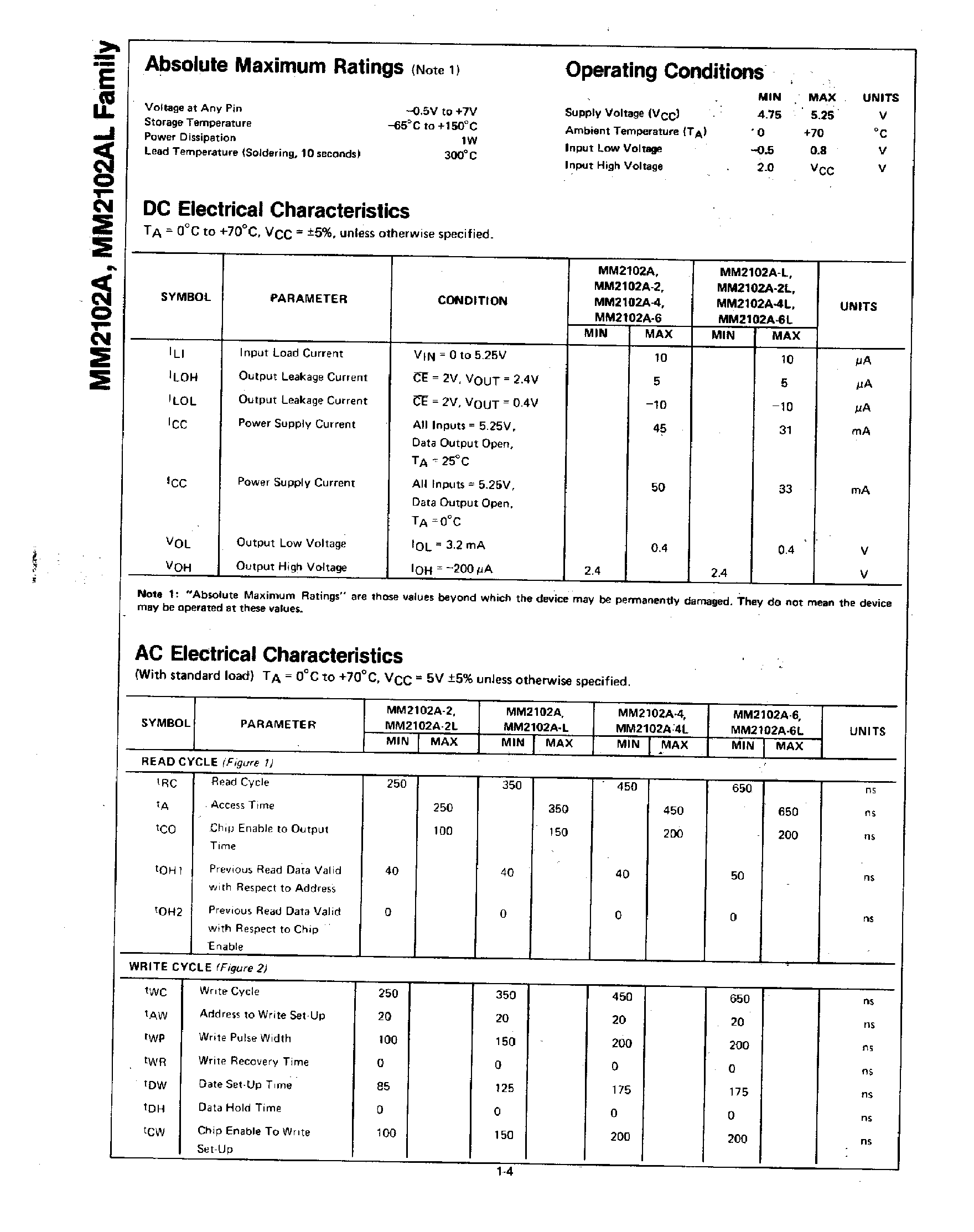 Datasheet MM2102A page 2 Datasheet MM2102A - 1024 Bit Static RAMs page 2