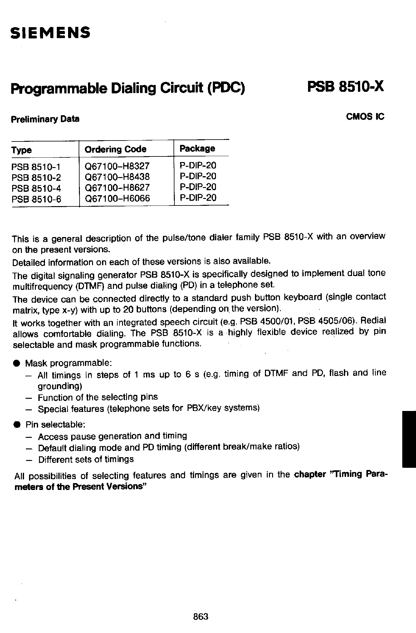 Datasheet PSB8510-x page 1 Datasheet PSB8510-x - Programmable Dialing Circuit page 1