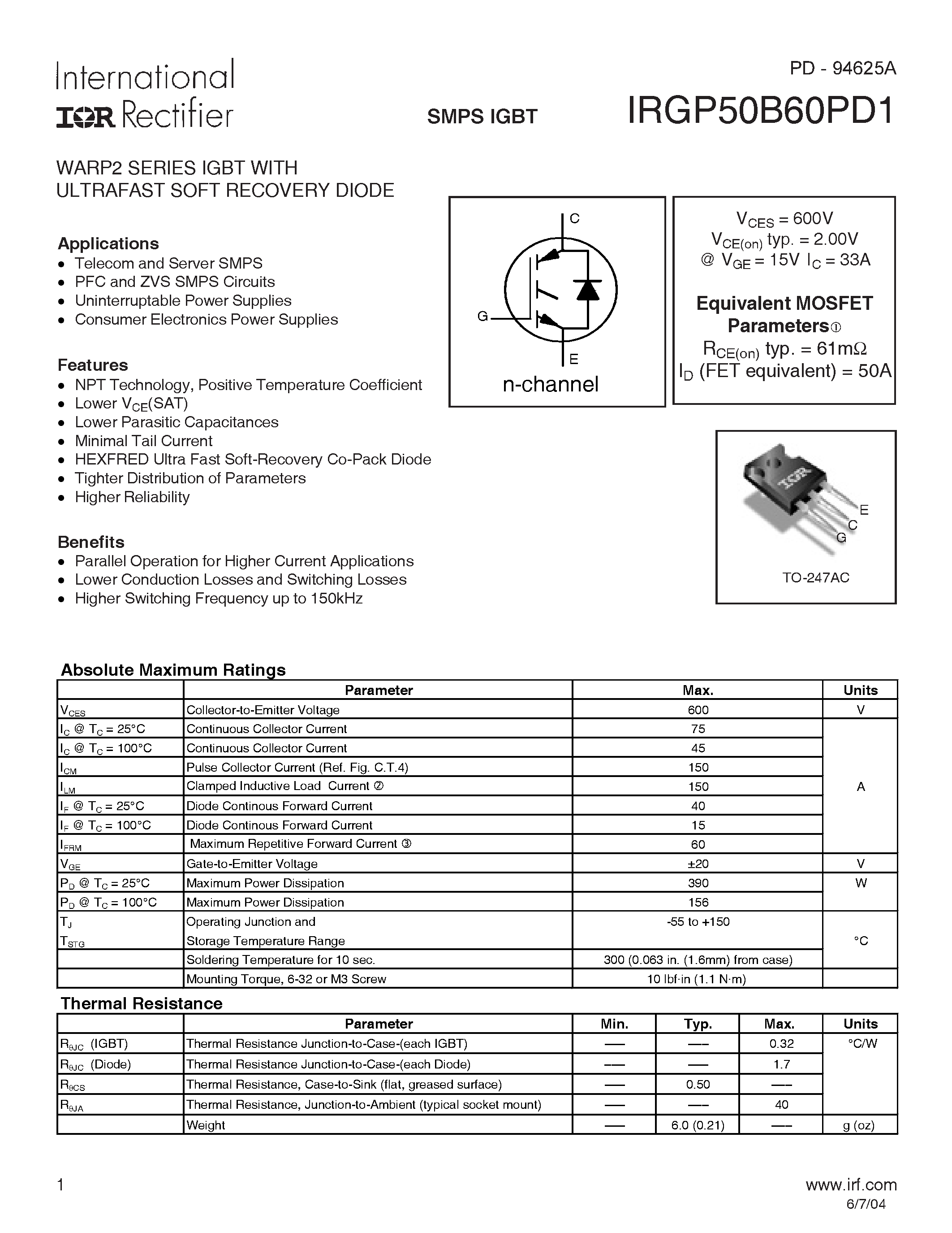 Datasheet IRGP50B60PD1 - SMPS IGBT page 1