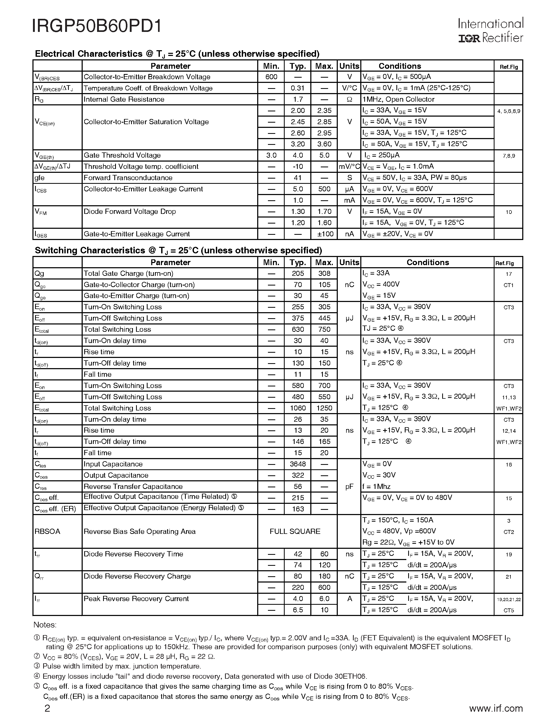 Datasheet IRGP50B60PD1 - SMPS IGBT page 2