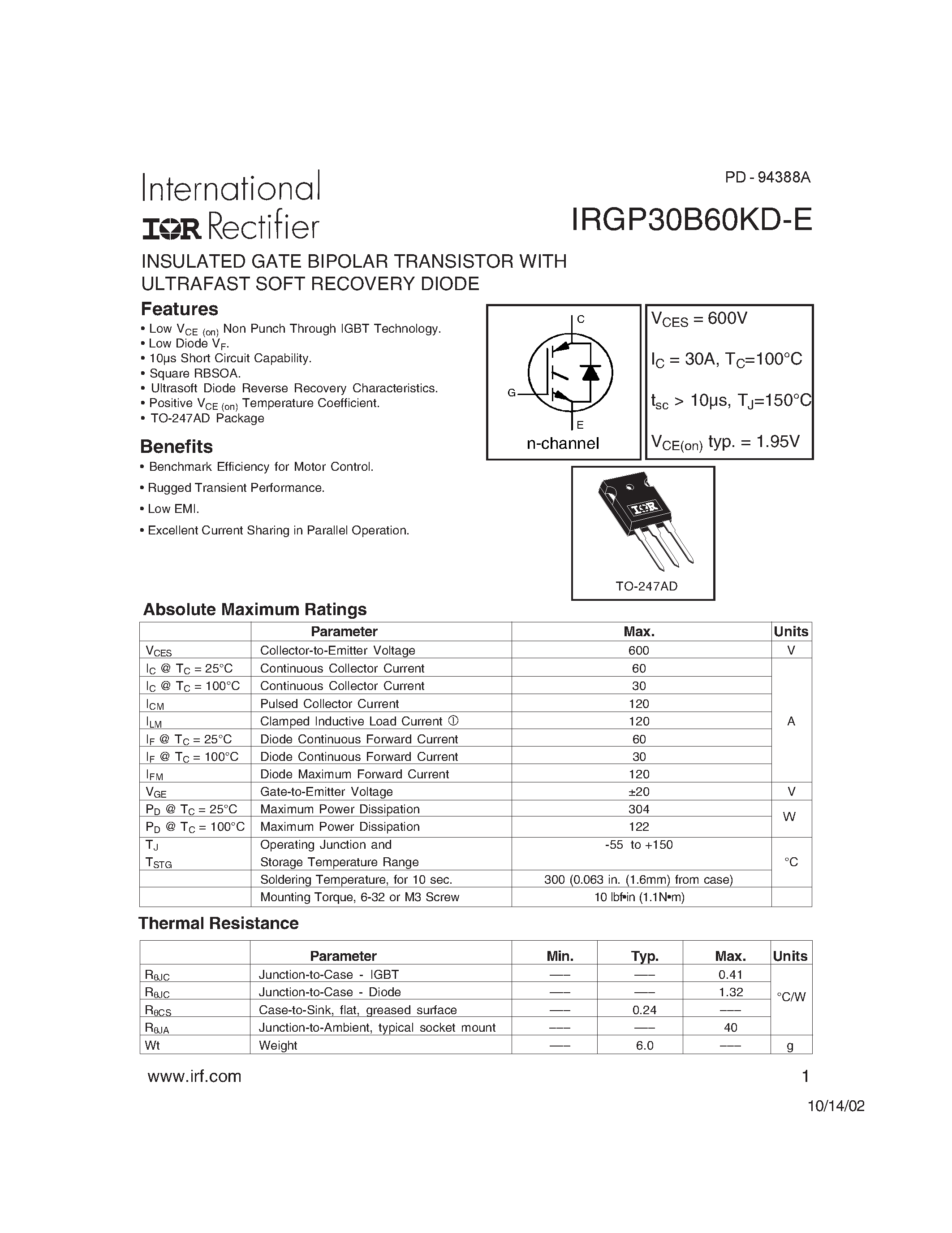 Даташит IRGP30B60KD-E - INSULATED GATE BIPOLAR TRANSISTOR страница 1