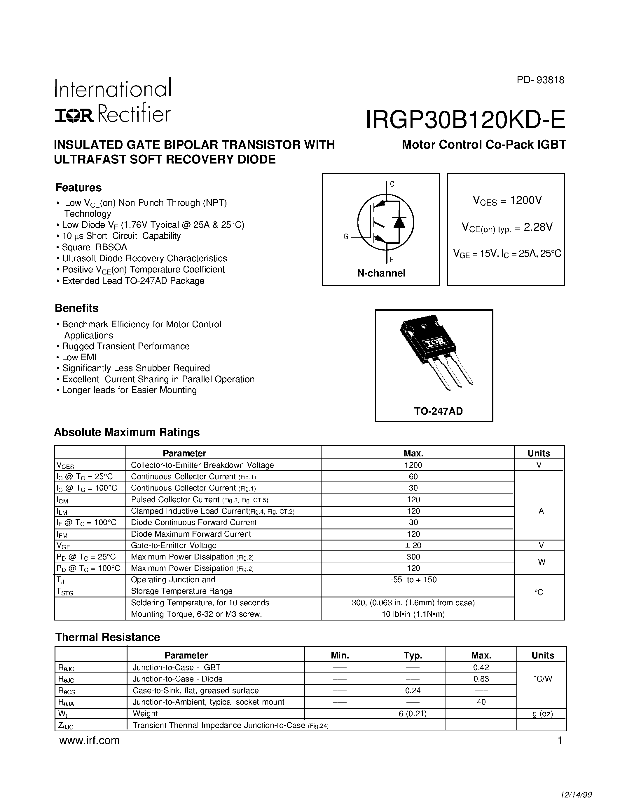 Даташит на микросхему IRGP30B120KD-E страница 1 Даташит IRGP30B120KD-E - INSULATED GATE BIPOLAR TRANSISTOR страница 1