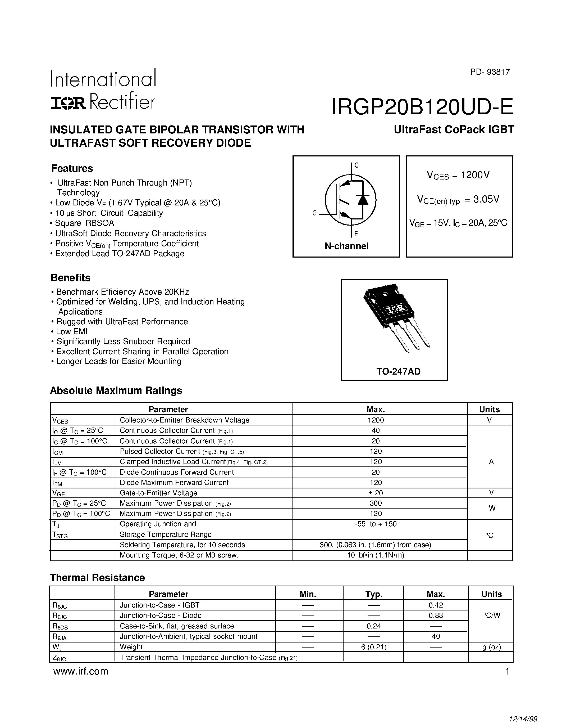 Даташит IRGP20B120UD-E - INSULATED GATE BIPOLAR TRANSISTOR страница 1