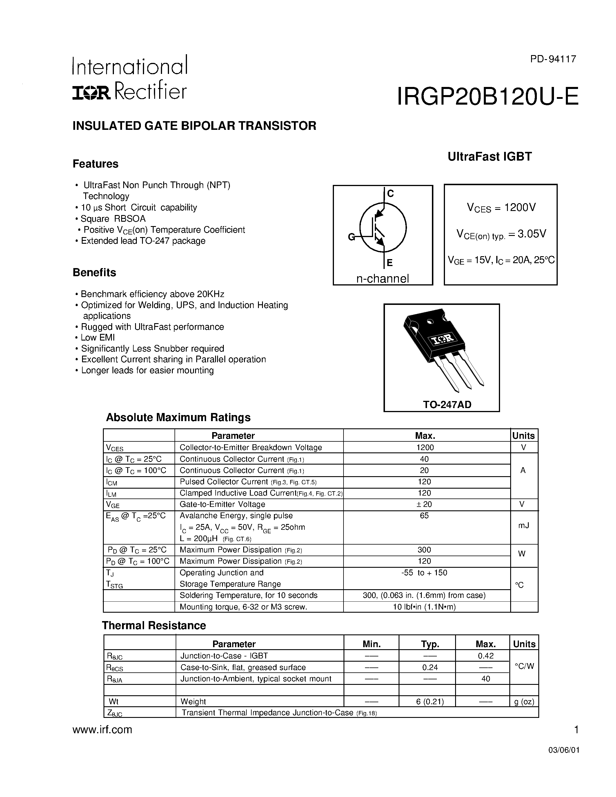Даташит на микросхему IRGP20B120U-E страница 1 Даташит IRGP20B120U-E - INSULATED GATE BIPOLAR TRANSISTOR страница 1