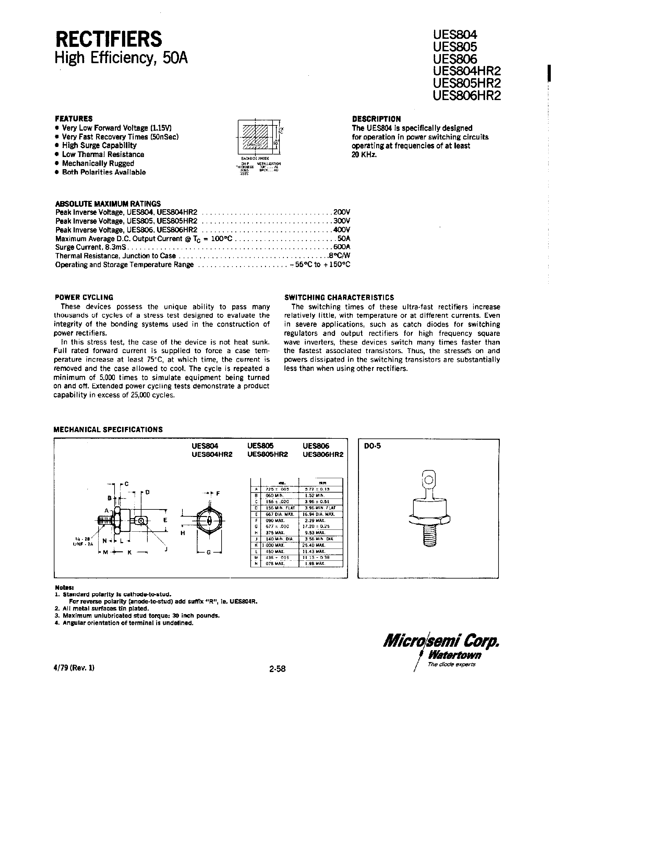 Datasheet UES804 - (UES805 / UES806) RECTIFIERS page 1