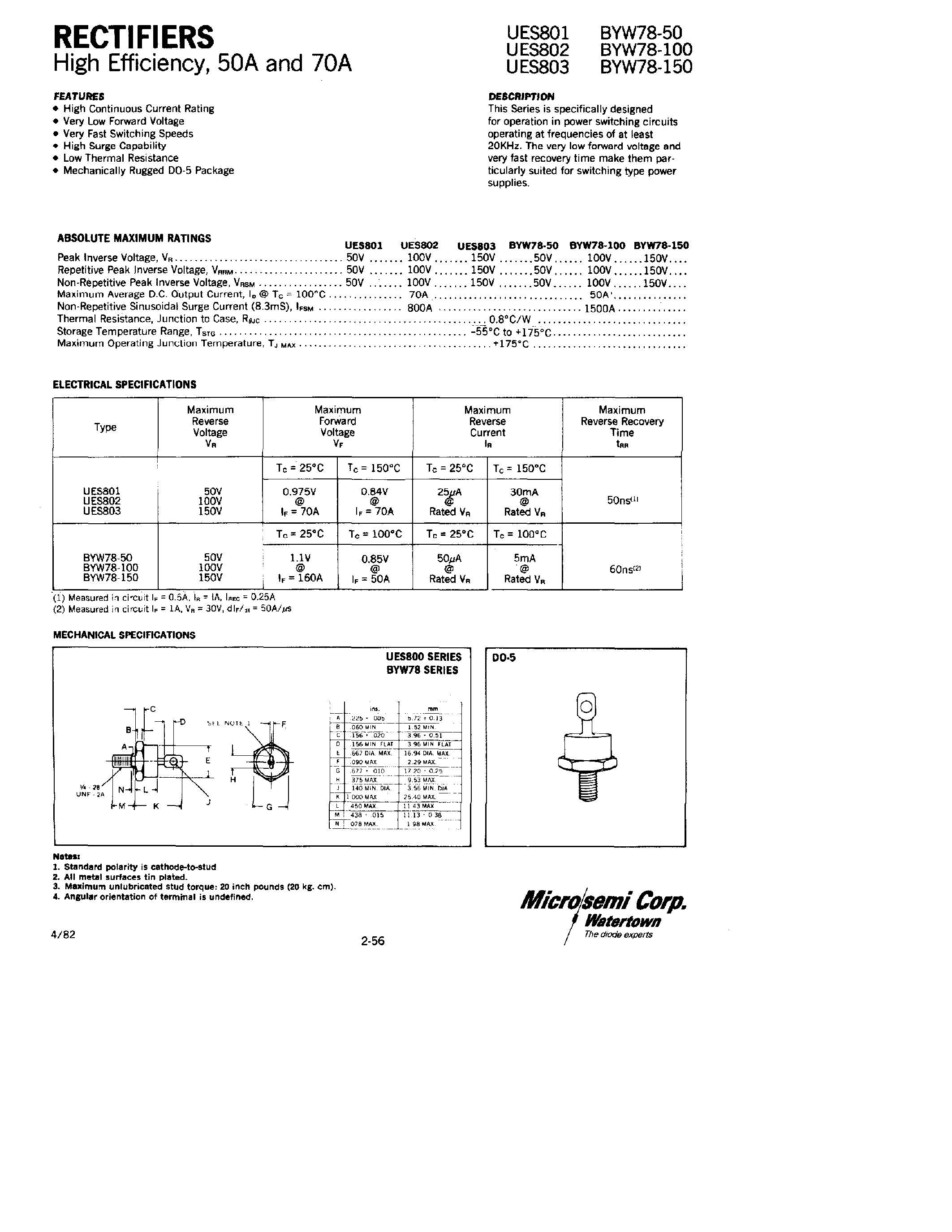 Datasheet UES801 - (UES802 / UES803) RECTIFIERS page 1