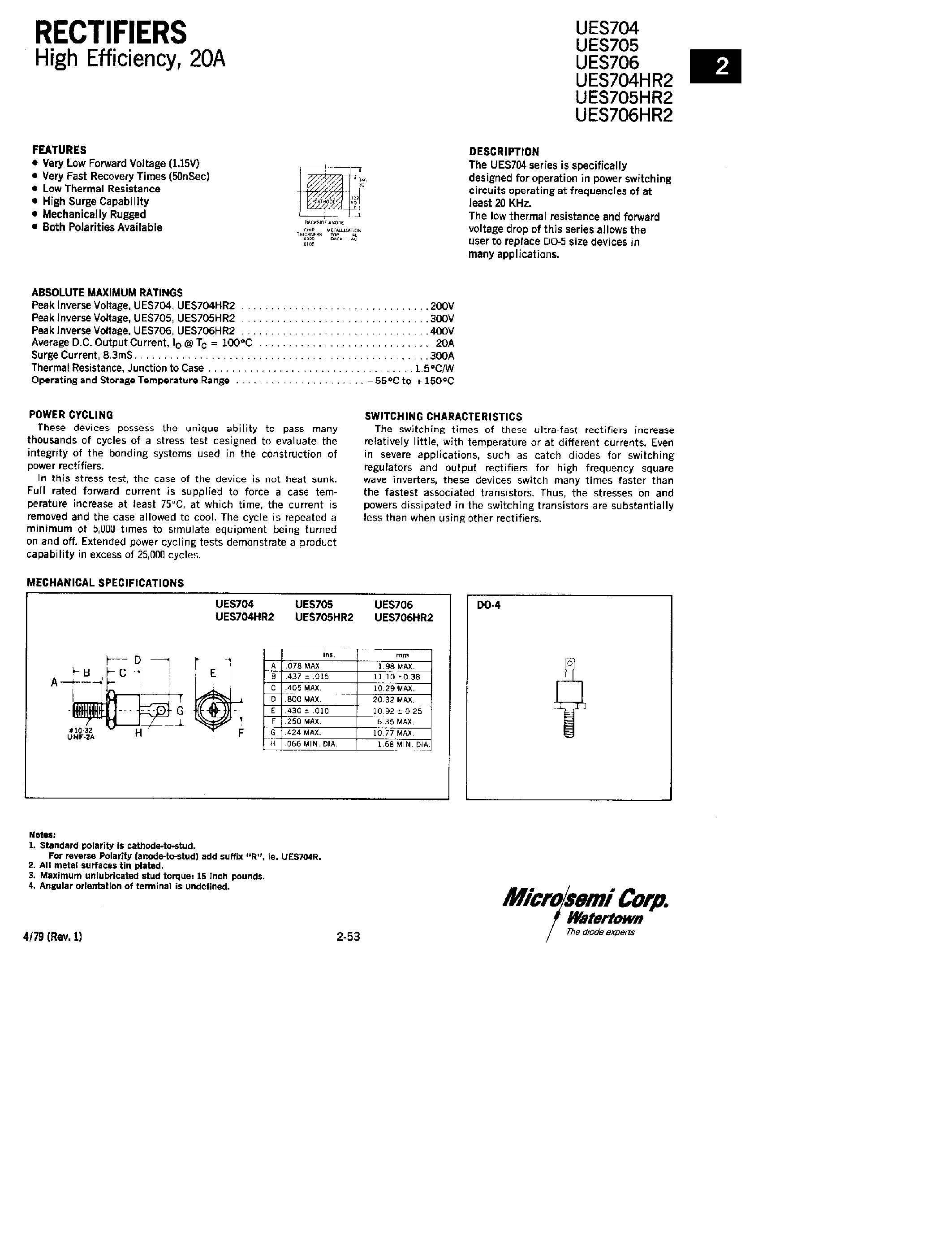 Datasheet UES704 - (UES705 / UES706) RECTIFIERS page 1