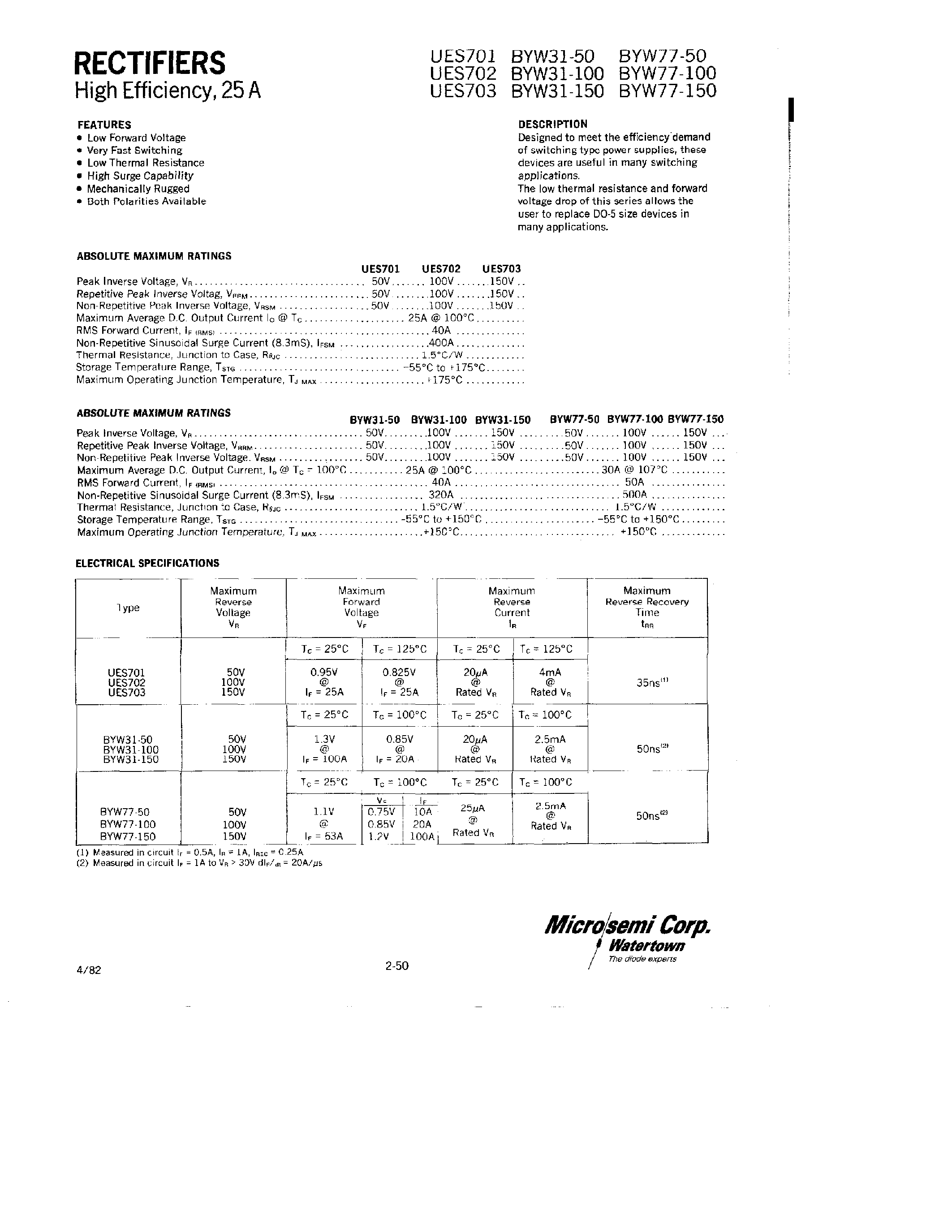 Datasheet UES701 - (UES702 / UES703) RECTIFIERS page 1