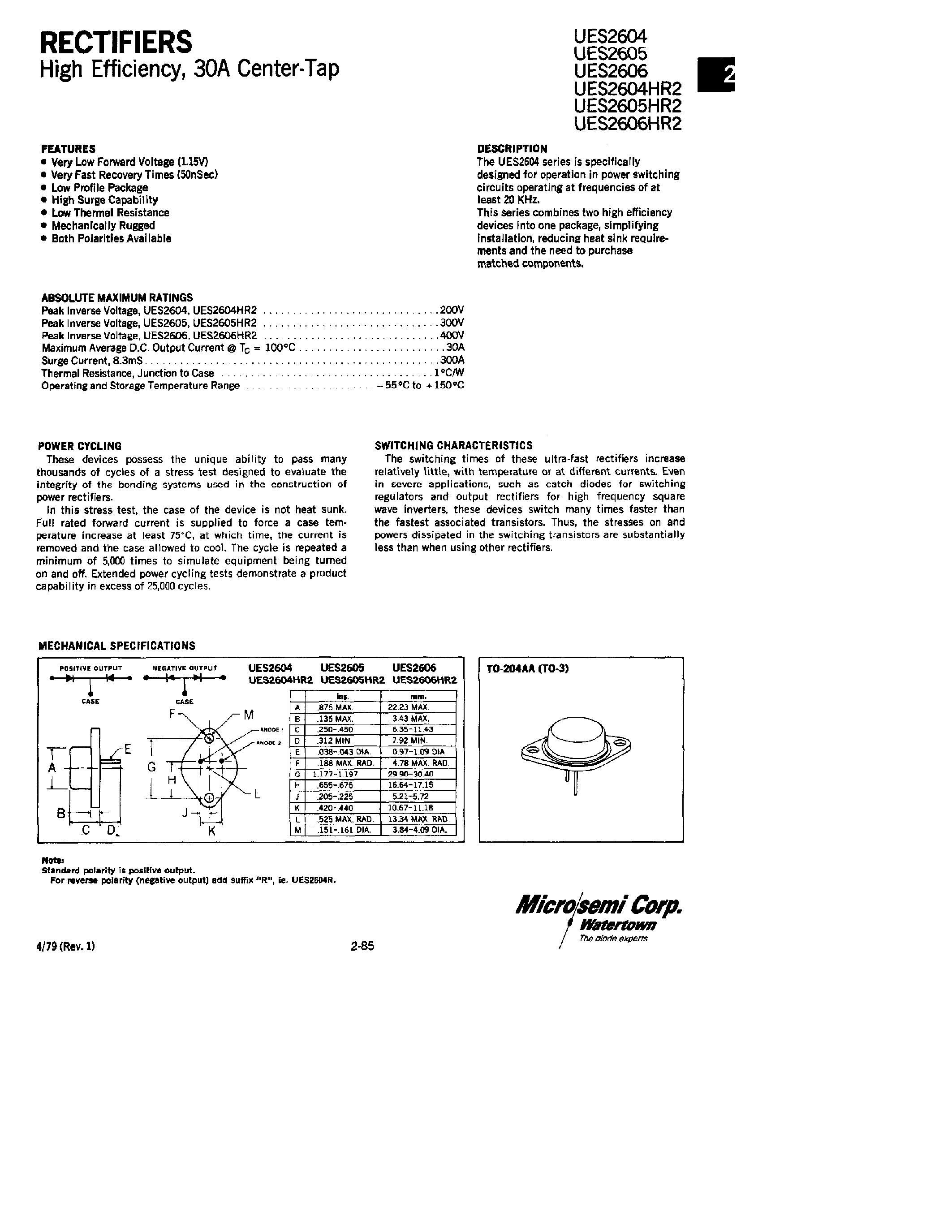 Datasheet UES2605 - (UES2604 / UES2606) RECTIFIERS page 1