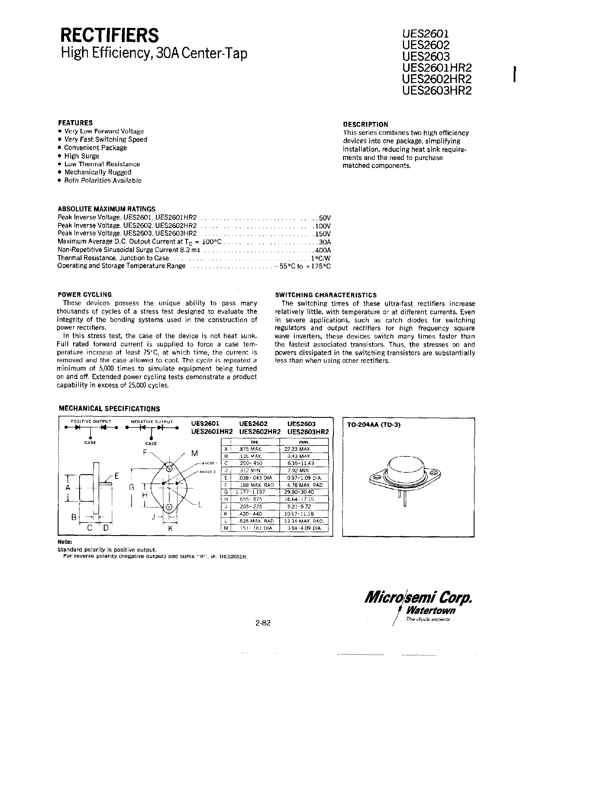 Datasheet UES2601 - (UES2602 / UES2603) RECTIFIERS page 1