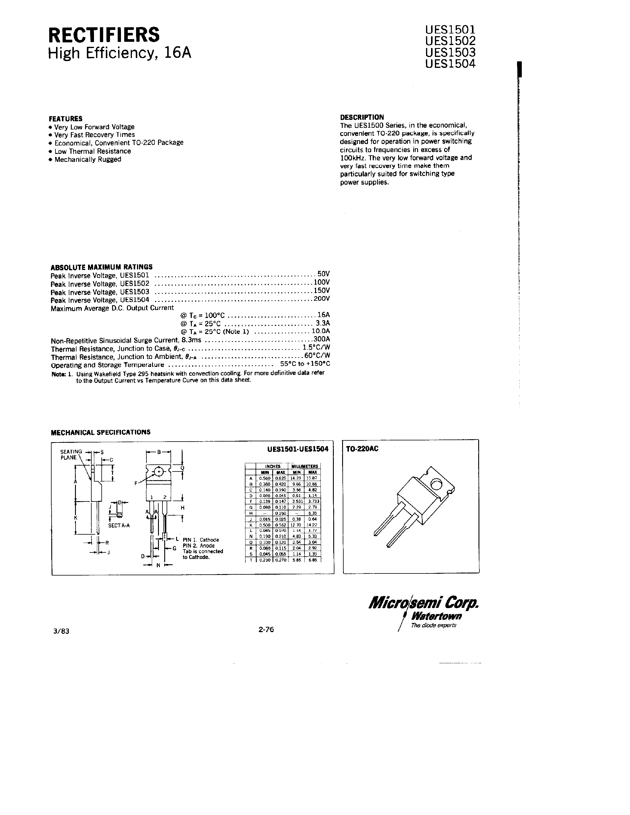 Datasheet UES1501 - (UES1502 / UES1503 / UES1504) RECTIFIERS page 1