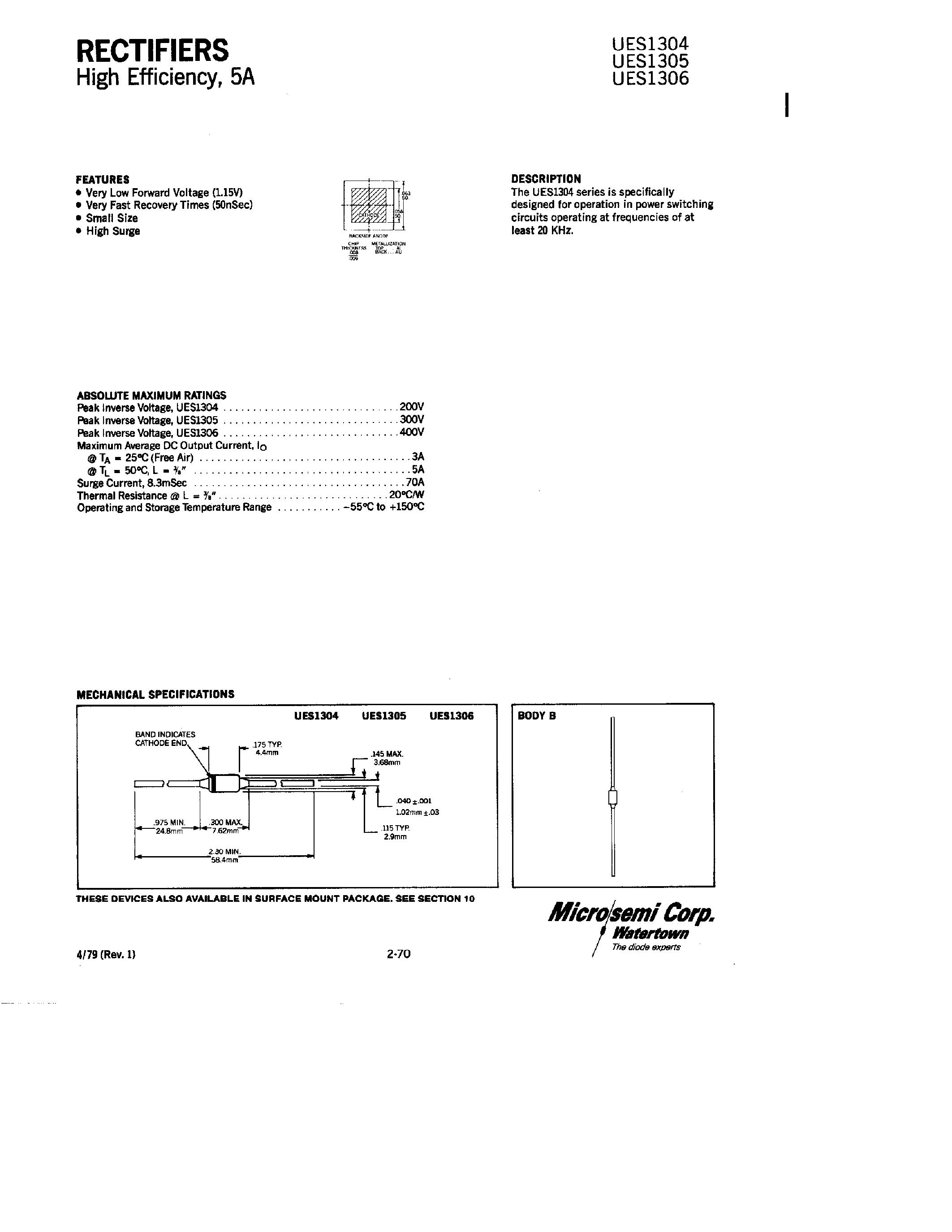 Datasheet UES1304 - (UES1305 / UES1306) RECTIFIERS page 1