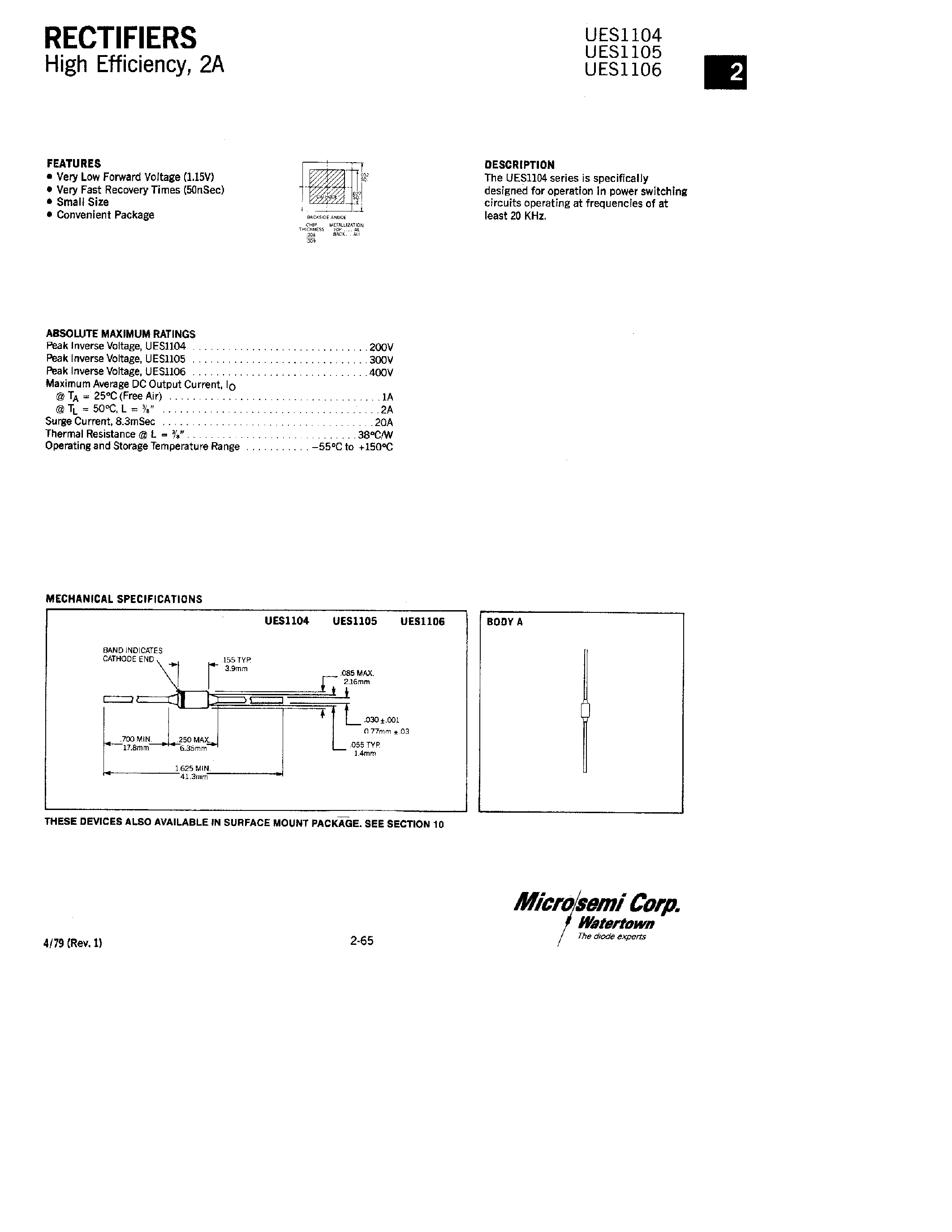 Datasheet UES1104 - (UES1105 / UES1106) RECTIFIERS page 1