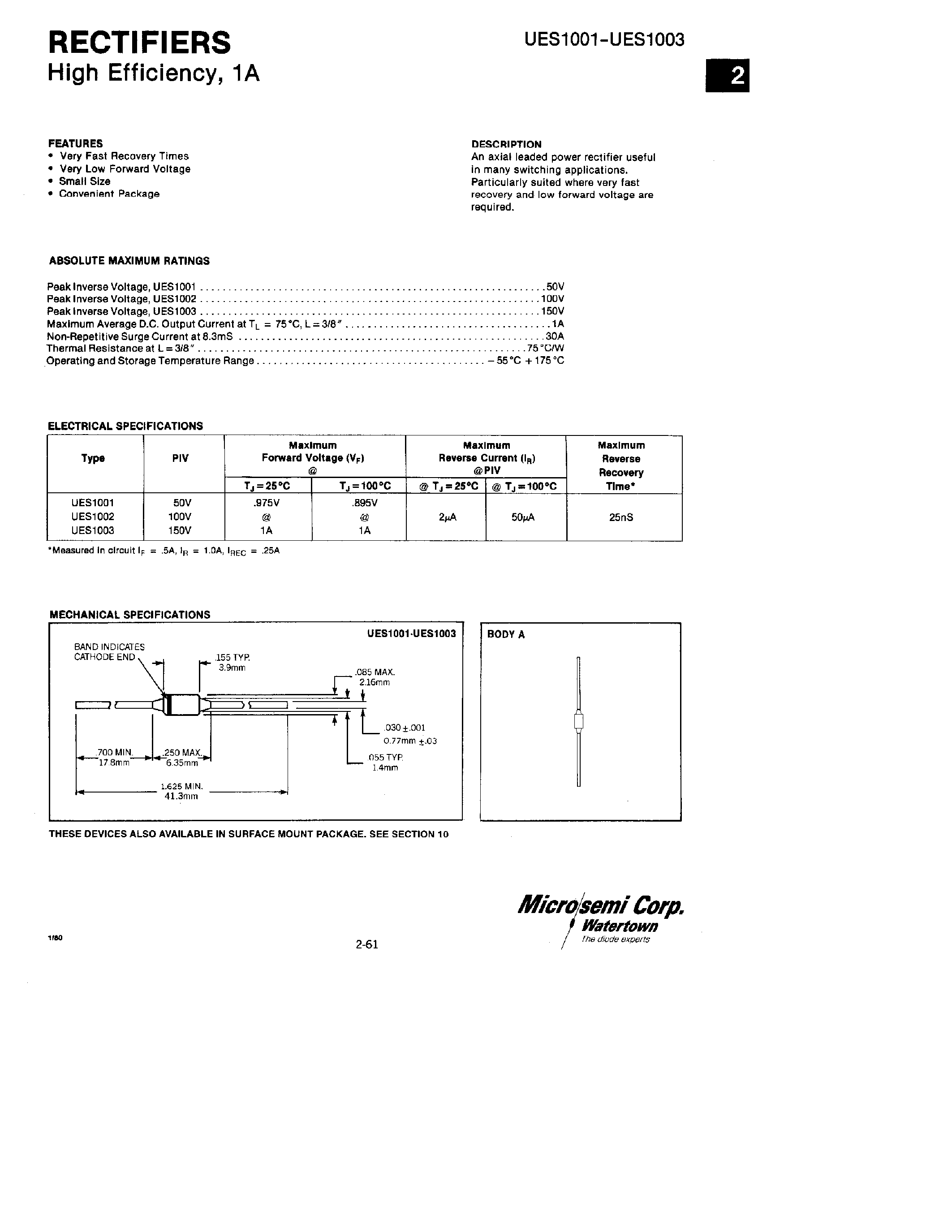 Datasheet UES1001 - (UES1002 / UES1003) RECTIFIERS page 1