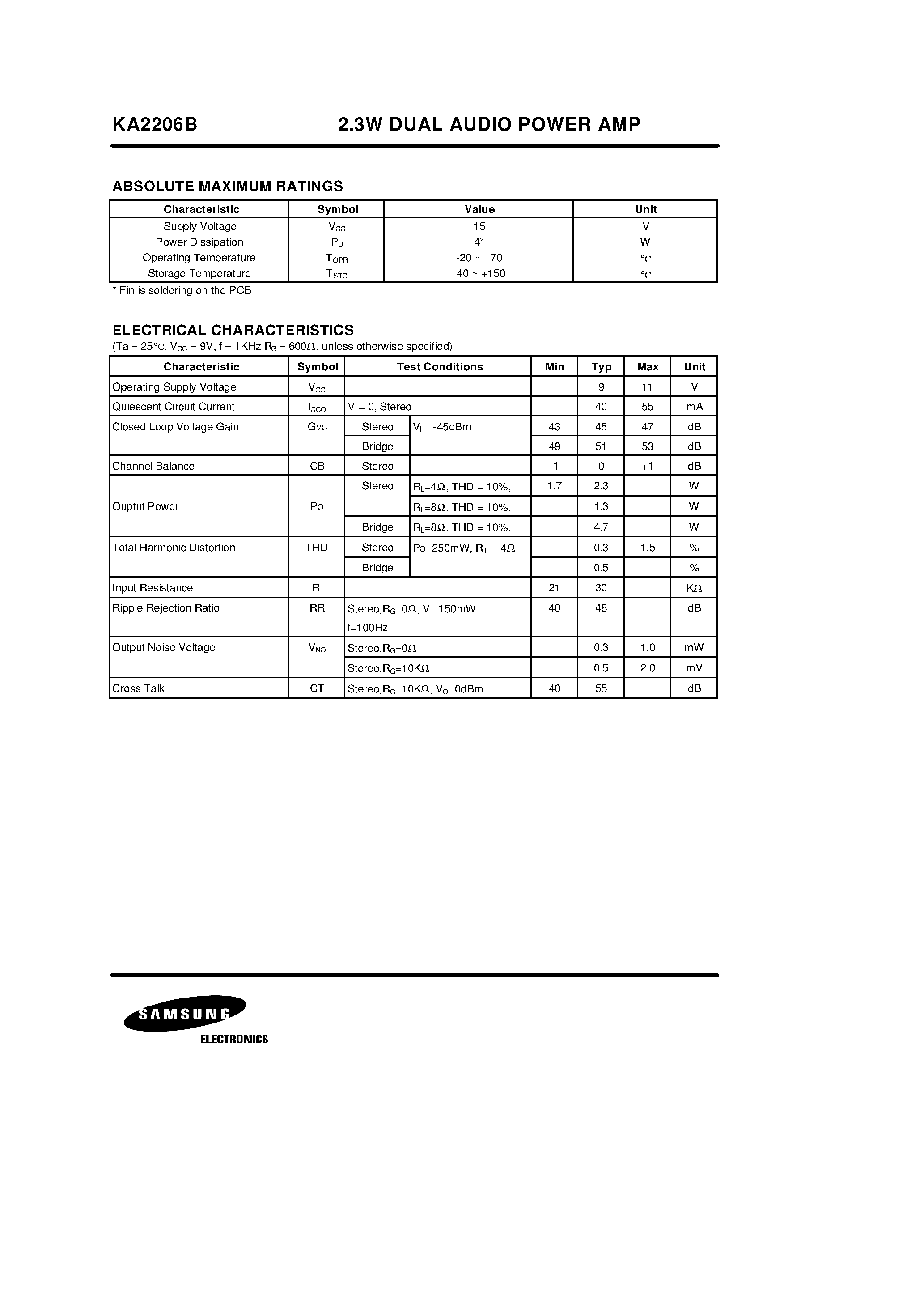 Datasheet KS2206B - 2.3W DUAL AUDIO POWER AMP page 2