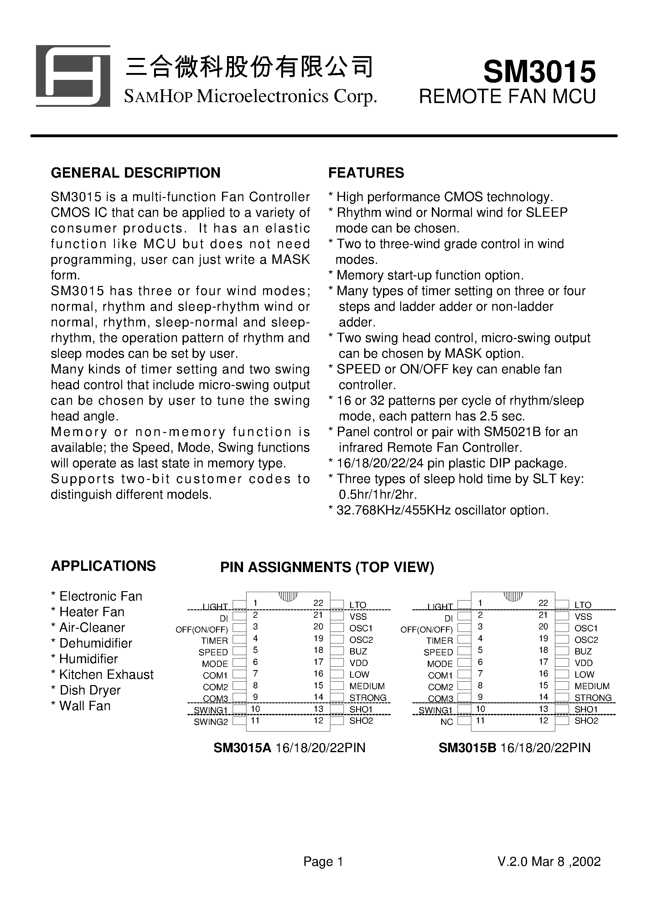 Datasheet SM3015 page 1 Datasheet SM3015 - REMOTE FAN MCU page 1