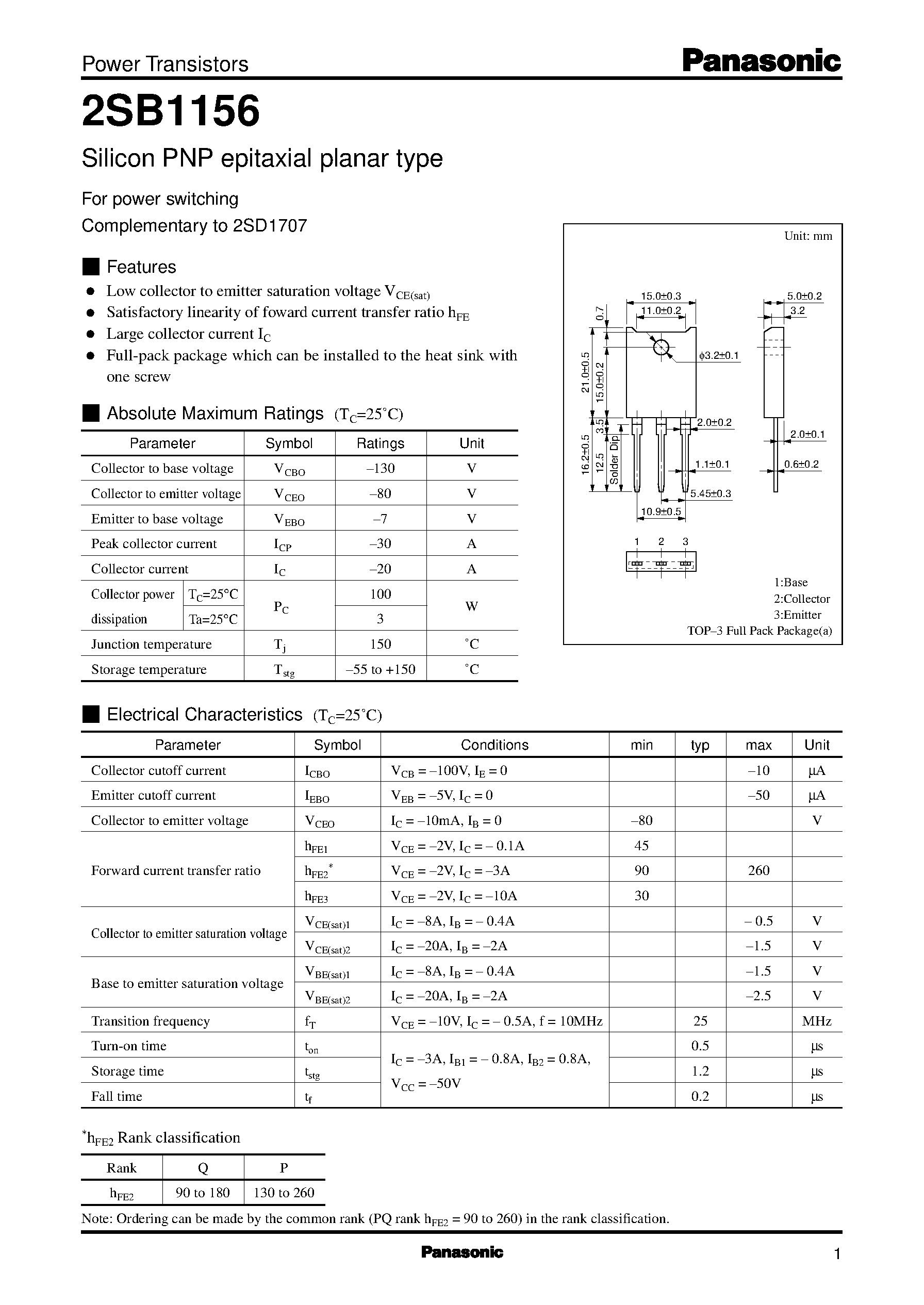 Datasheet B1156 page 1 Datasheet B1156 - Silicon PNP epitaxial planar type(For power switching) page 1