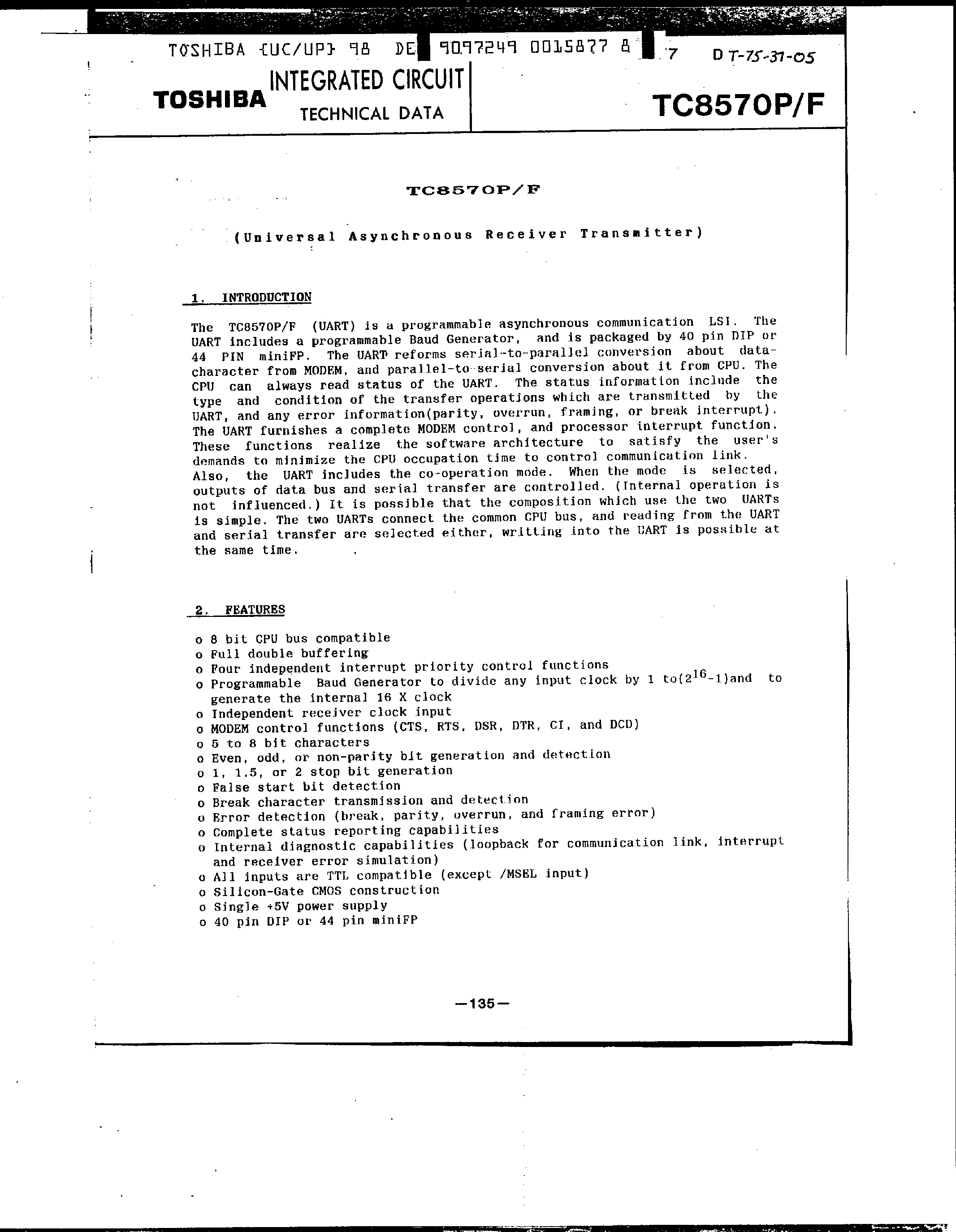 Datasheet TC8570P page 1 Datasheet TC8570P - TC8570P/F Universal Asynchronous Receiver Transmitter page 1