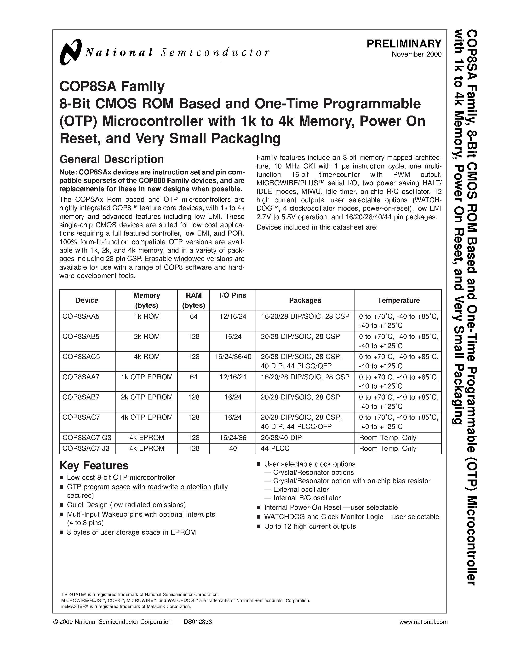 Даташит на микросхему COP8SAC720 страница 1 Даташит COP8SAC720 - 8 Bit CMOS ROM Based and One-Time Programmable Microcontroller страница 1