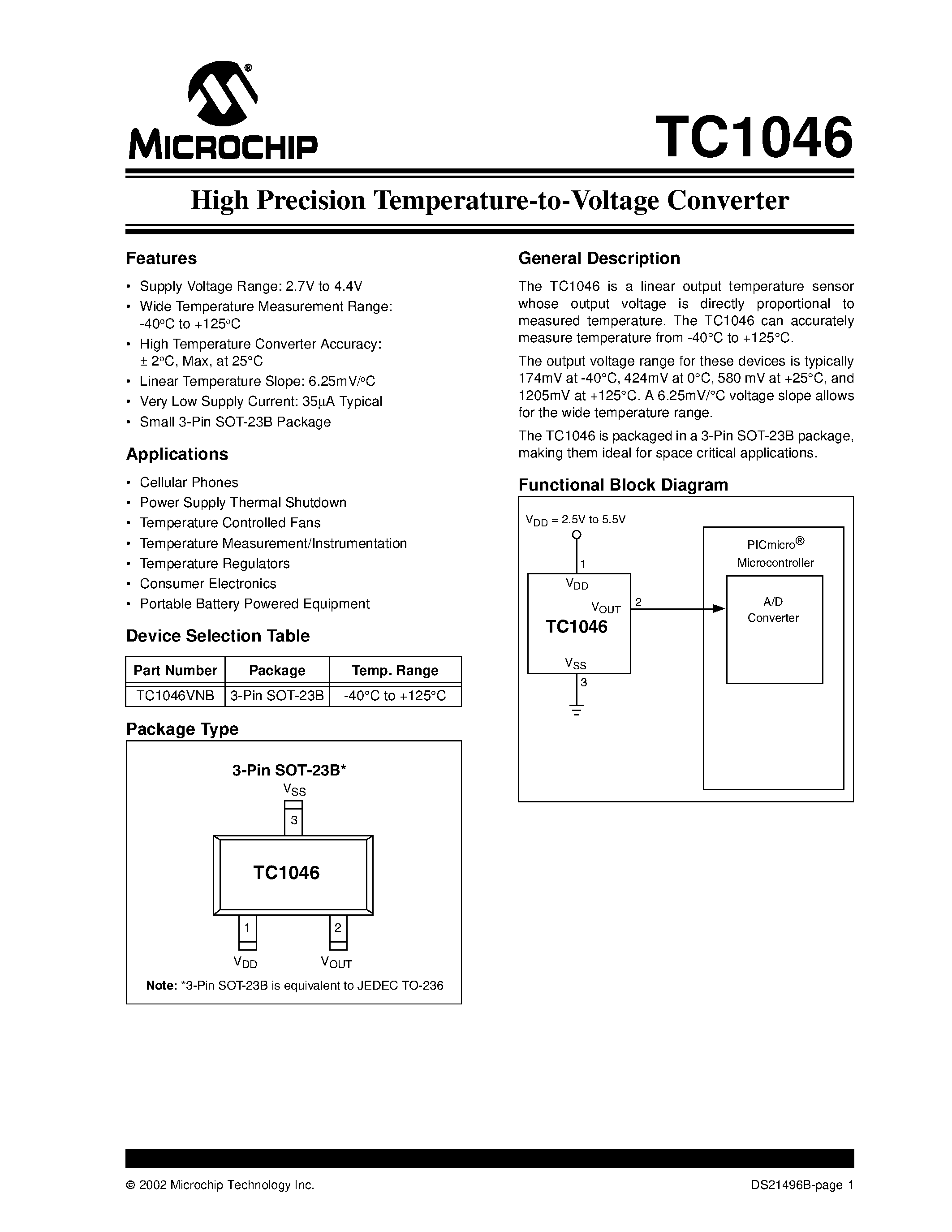 Datasheet TC1046 page 1 Datasheet TC1046 - High Precision Temperature-to-Voltage Converter page 1