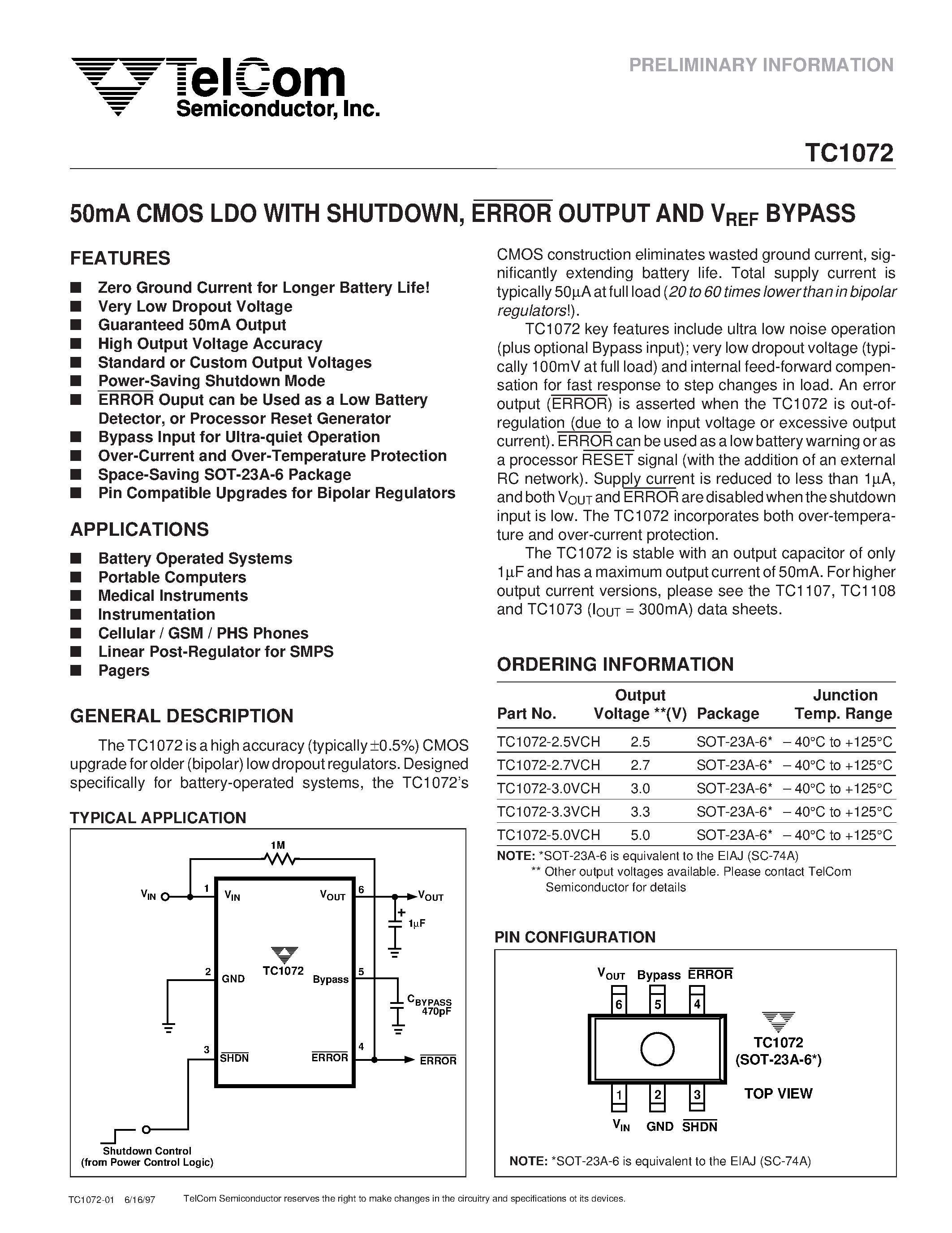 Datasheet TC1072 page 1 Datasheet TC1072 - 50mA CMOS LDO WITH SHUTDOWN / ERROR OUTPUT AND VREF BYPASS page 1