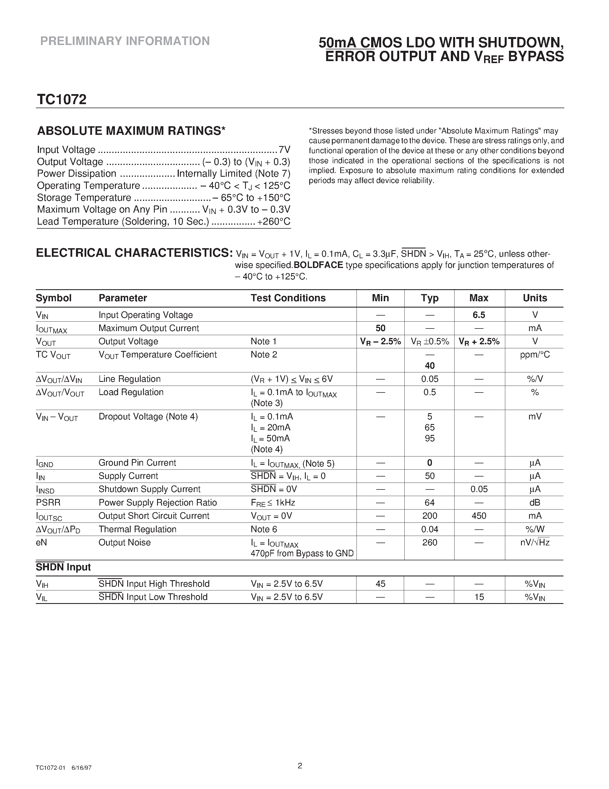 Datasheet TC1072 page 2 Datasheet TC1072 - 50mA CMOS LDO WITH SHUTDOWN / ERROR OUTPUT AND VREF BYPASS page 2