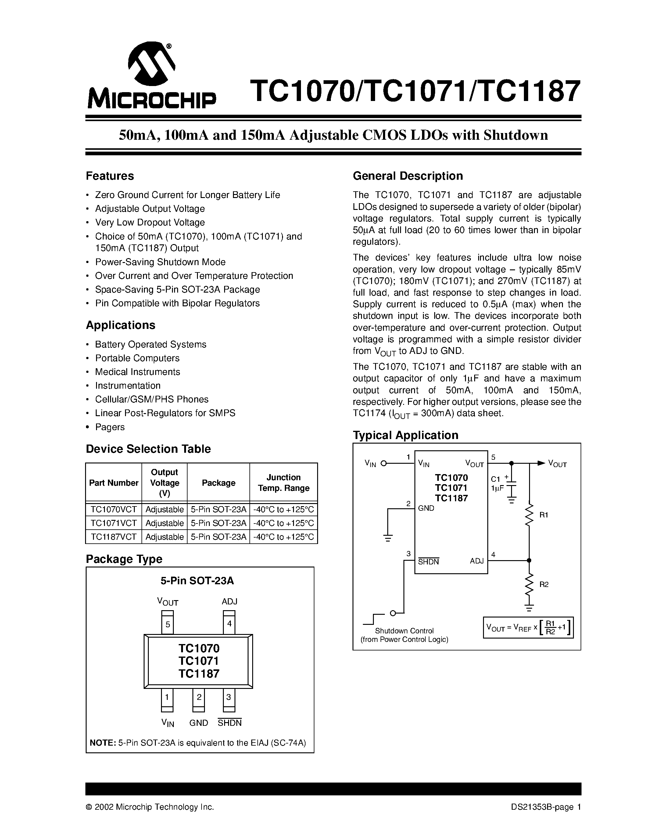 Datasheet TC1070 page 1 Datasheet TC1070 - (TC1071) Adjustable CMOS LDOs with Shutdown page 1