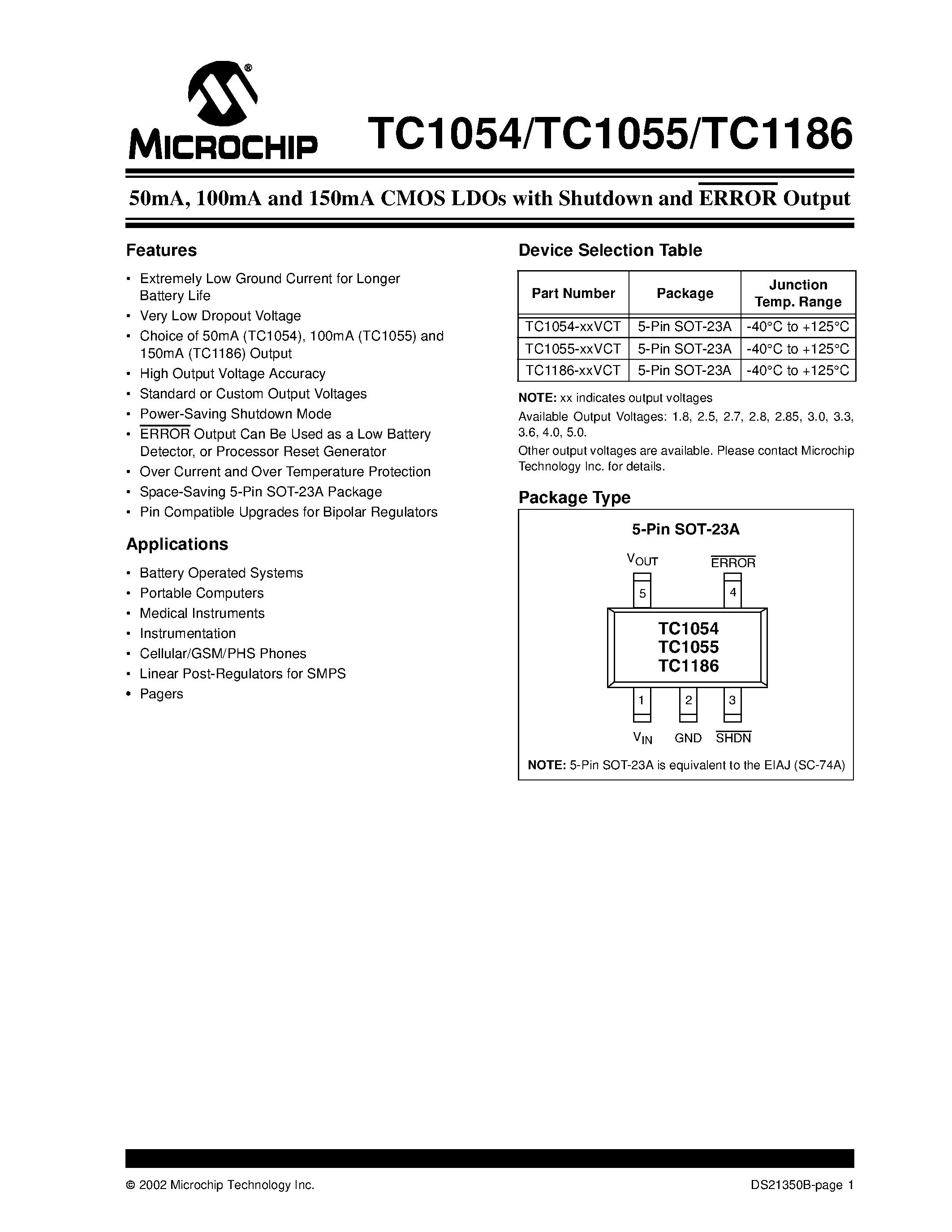 Datasheet TC1054 page 1 Datasheet TC1054 - (TC1055) CMOS LDOs with Shutdown and ERROR Output page 1