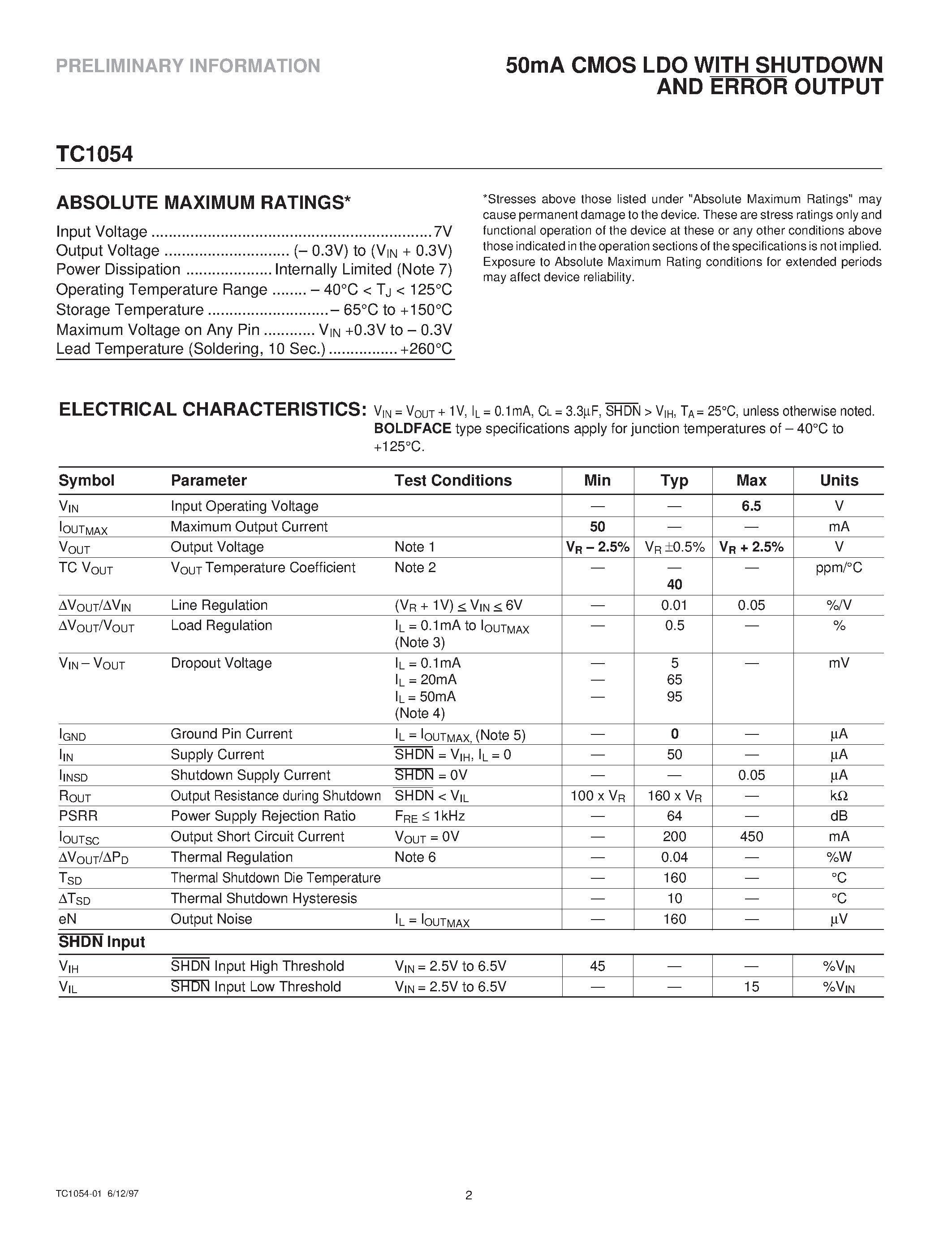 Datasheet TC1054 page 2 Datasheet TC1054 - 50mA CMOS LDO WITH SHUTDOWN AND ERROR OUTPUT page 2