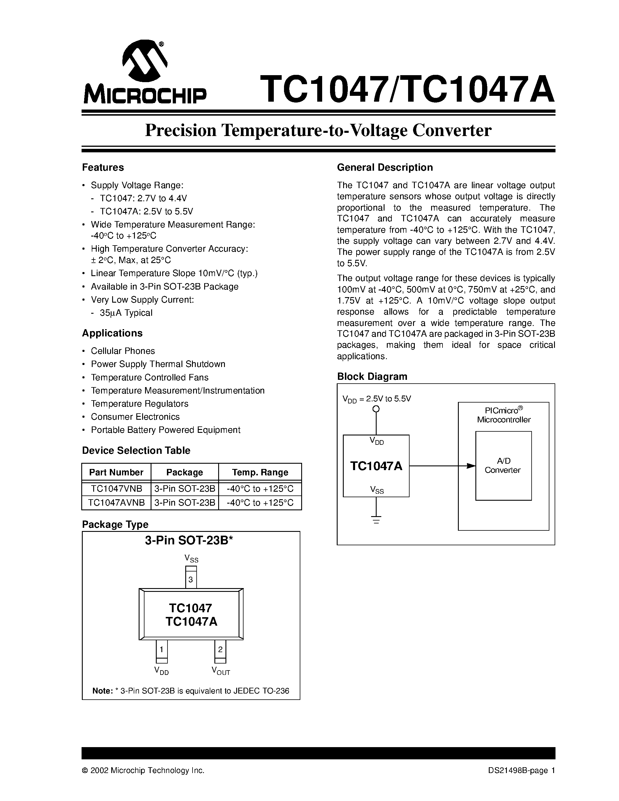 Даташит на микросхему TC1047 страница 1 Даташит TC1047 - Precision Temperature-to-Voltage Converter страница 1