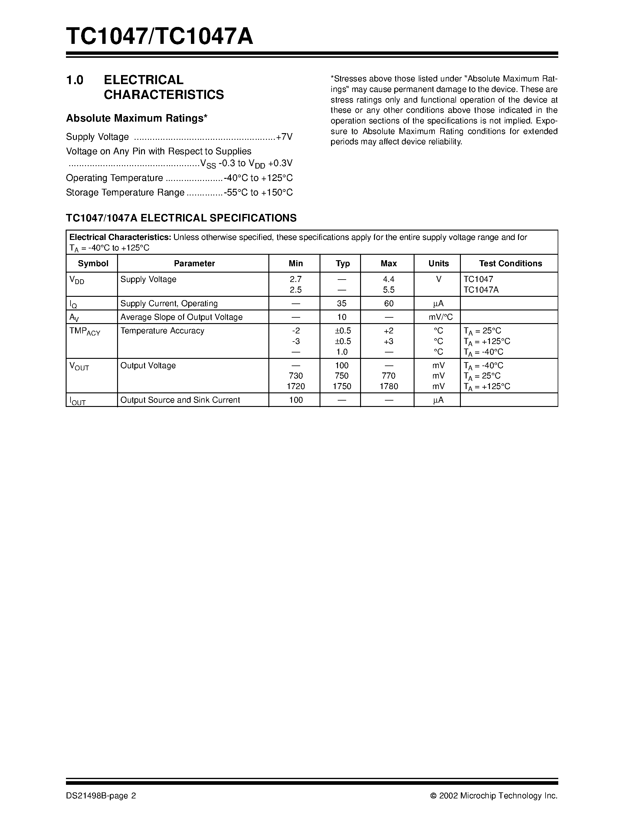 Даташит на микросхему TC1047 страница 2 Даташит TC1047 - Precision Temperature-to-Voltage Converter страница 2