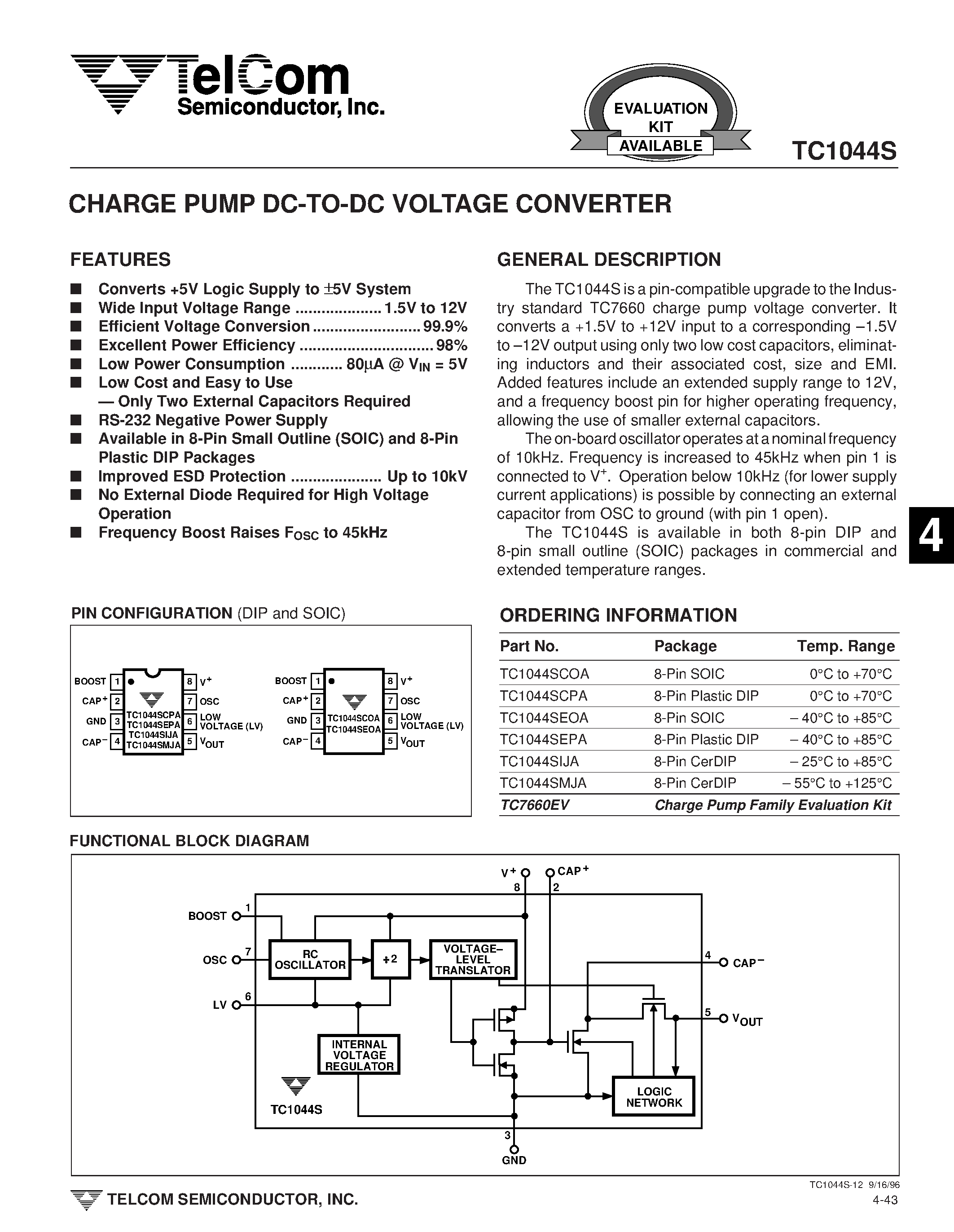 Datasheet TC1044S page 1 Datasheet TC1044S - CHARGE PUMP DC-TO-DC VOLTAGE CONVERTER page 1